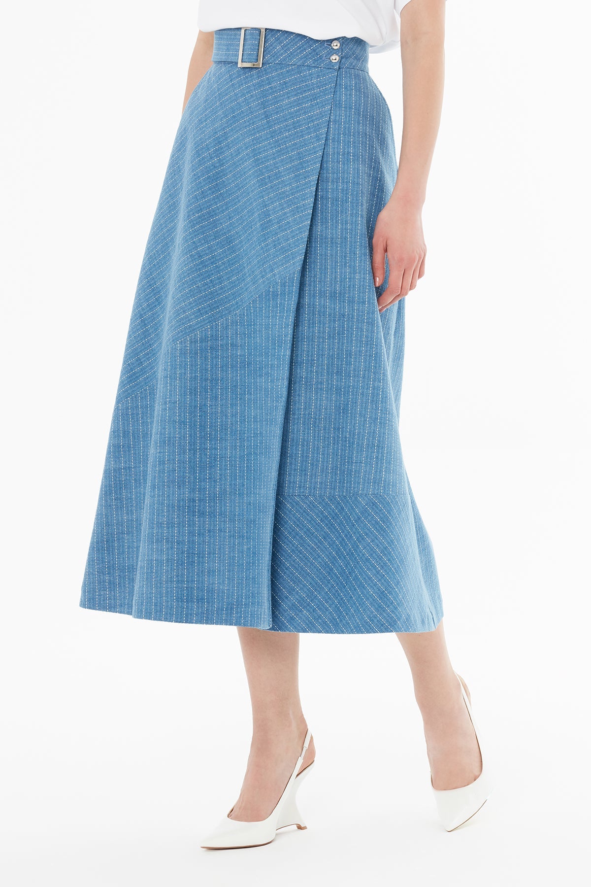 Denim Midi Skirt with Stripes