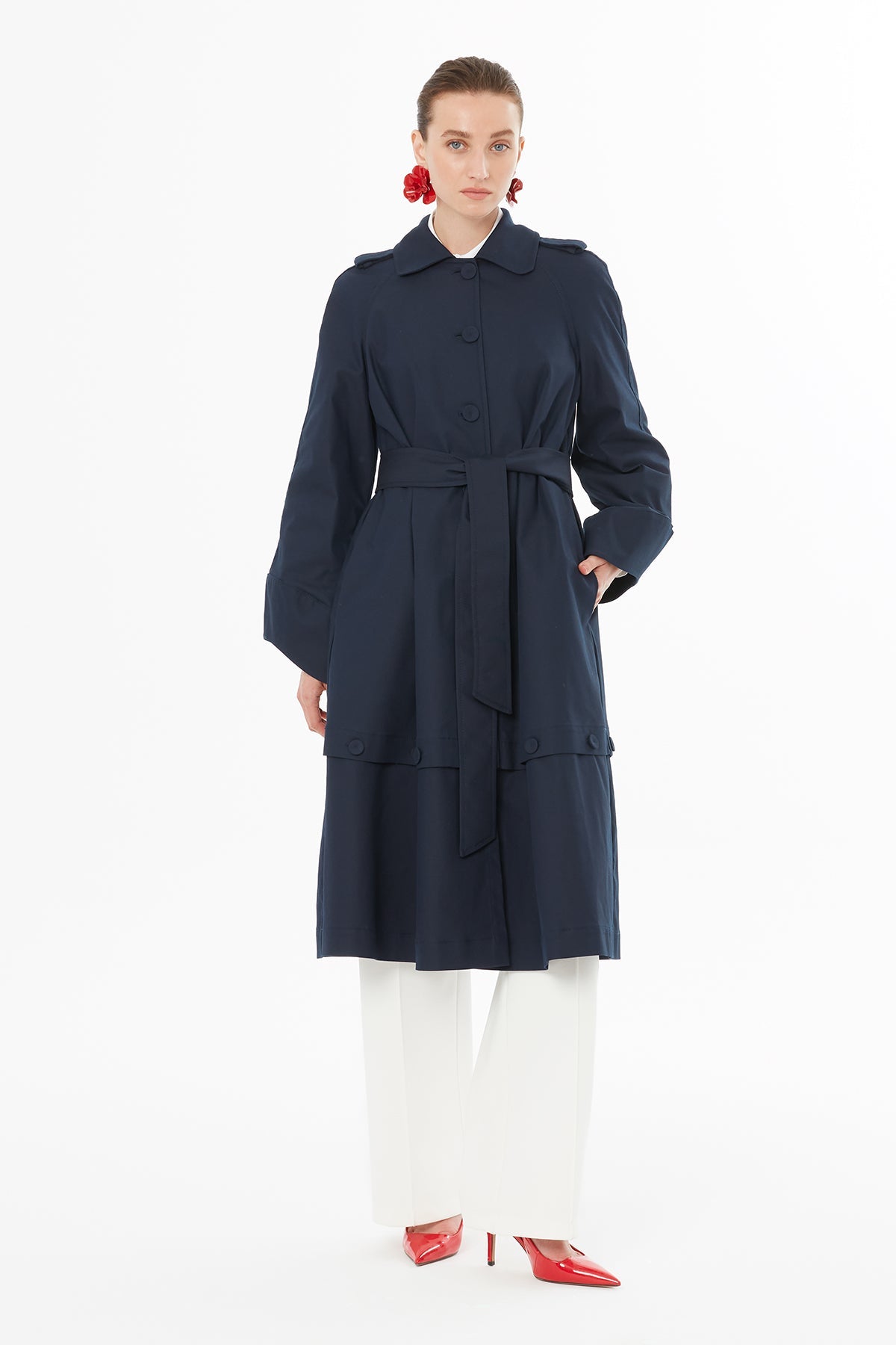 Navy Wide-Sleeve Trench Coat