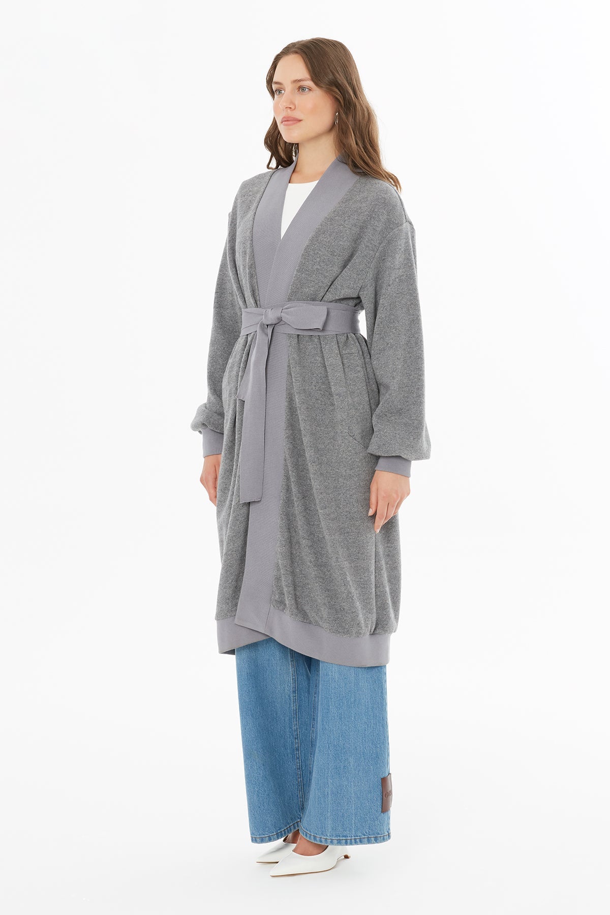 Grey long cardigan with belt