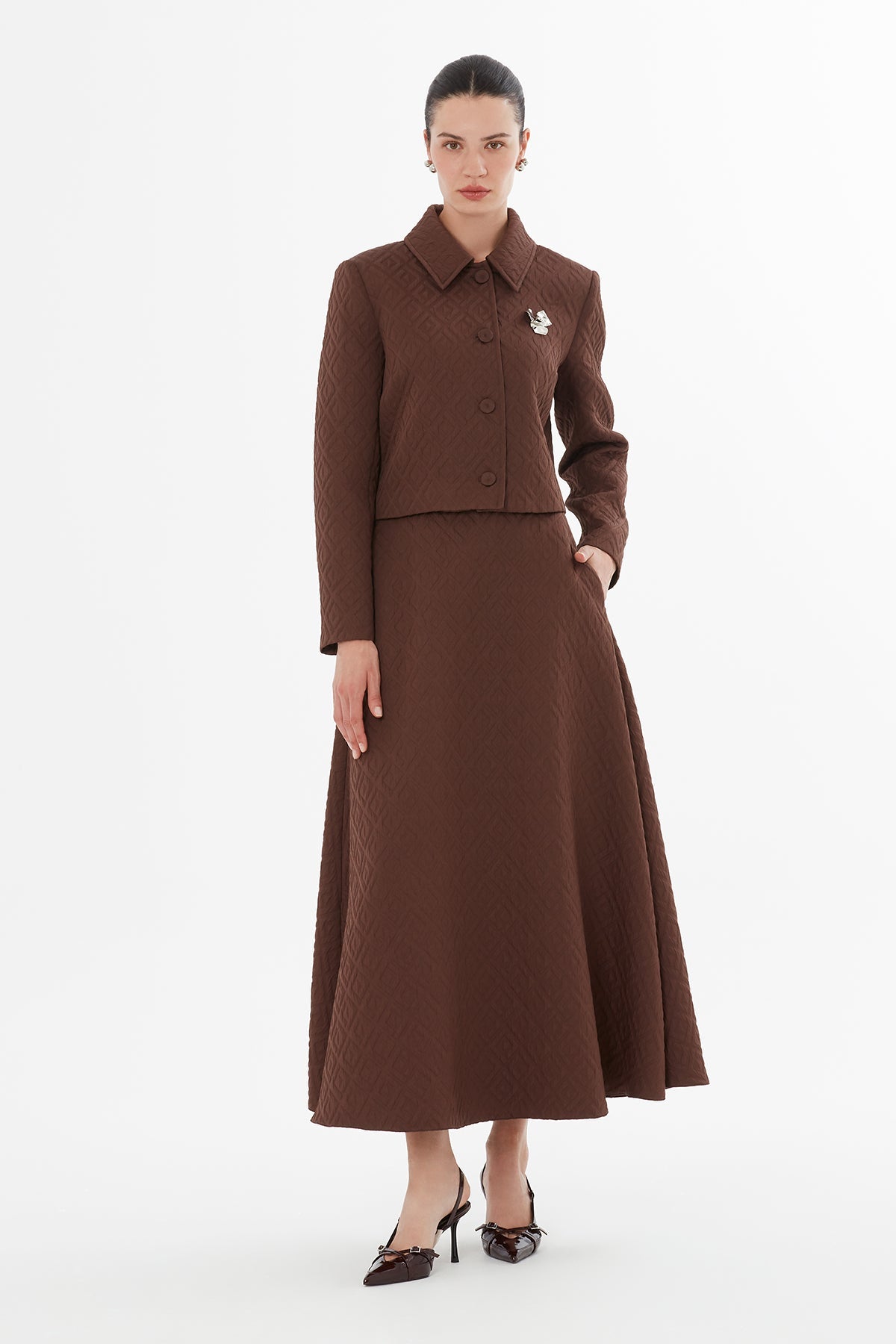 Brown Brooch-Detail Jacket Set