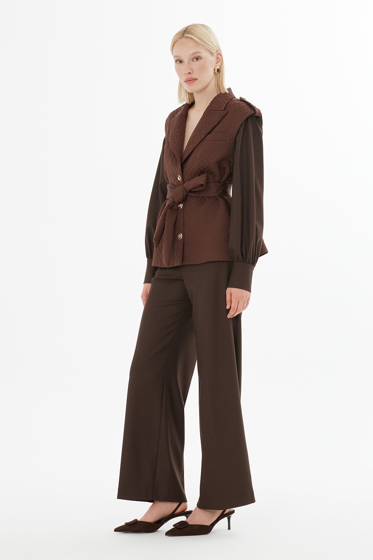 Brown Belted Jacket and Trousers Set