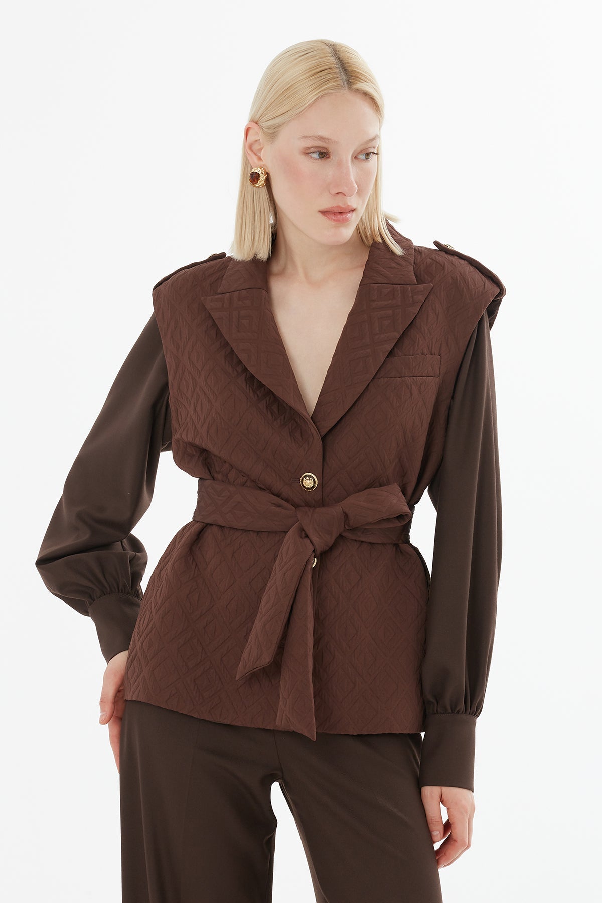 Brown Belted Jacket and Trousers Set