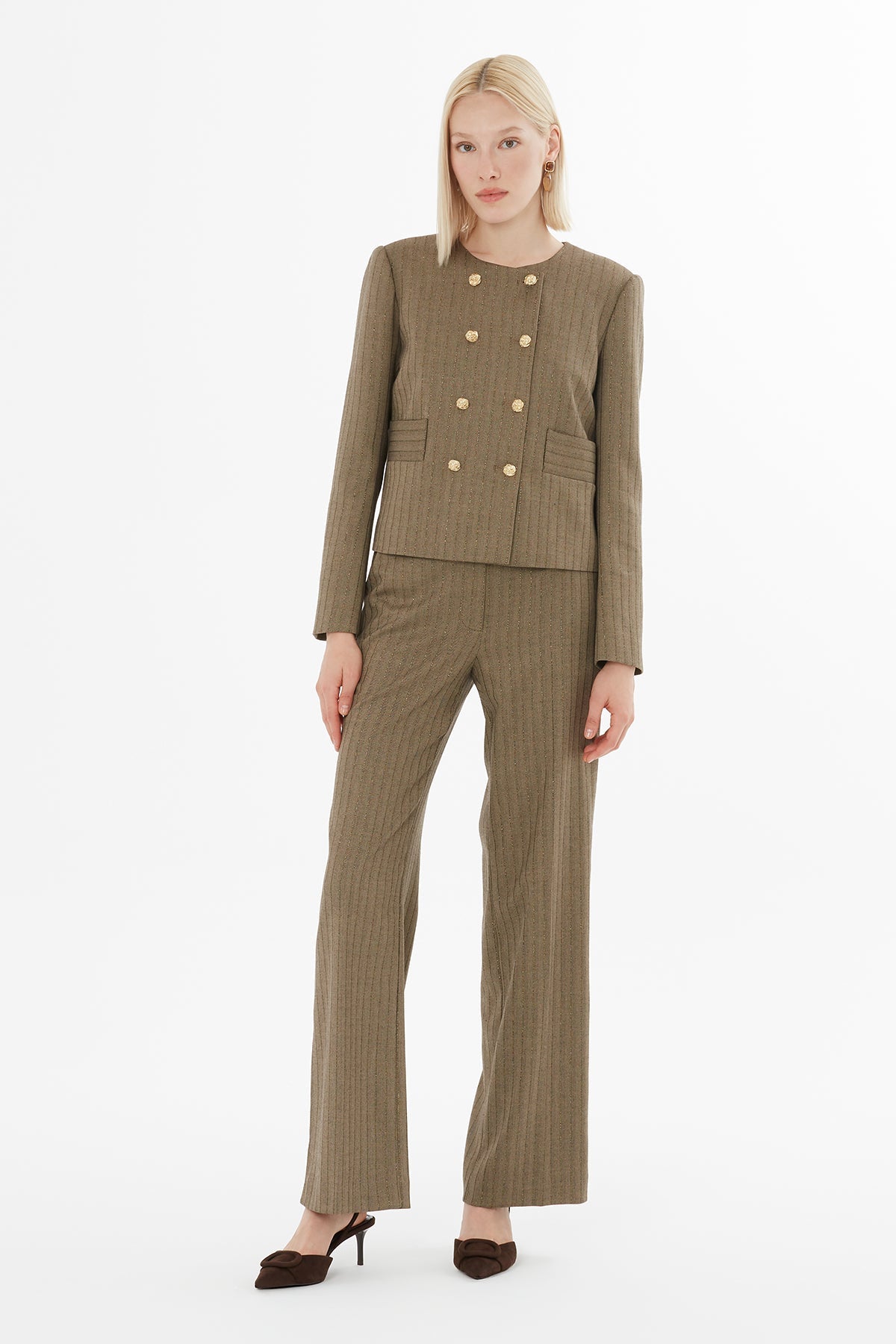 Brown Mono-Closure Jacket Suit