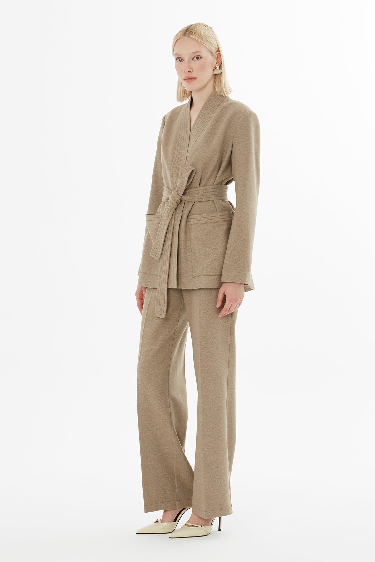 Beige Suit with Belted Pocket Jacket