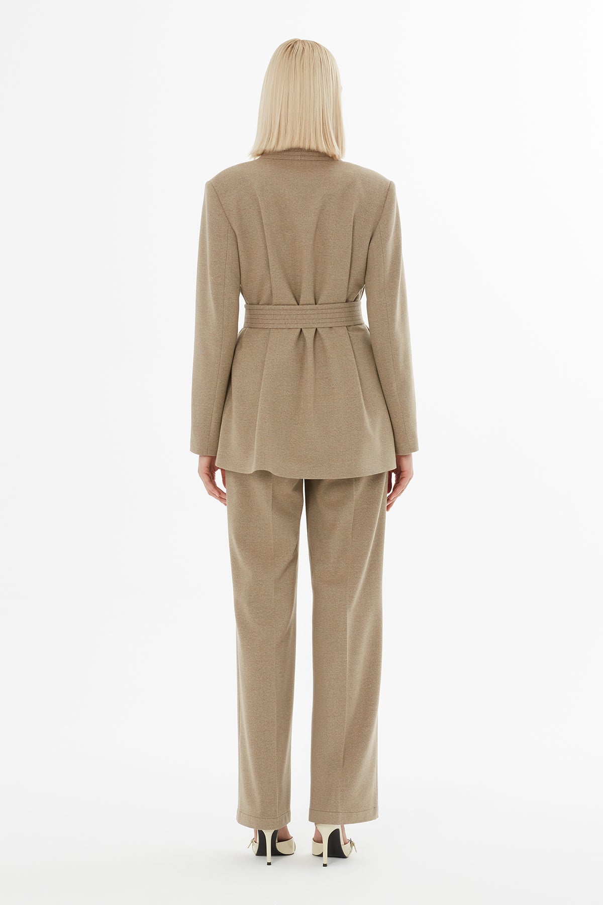Beige Suit with Belted Pocket Jacket