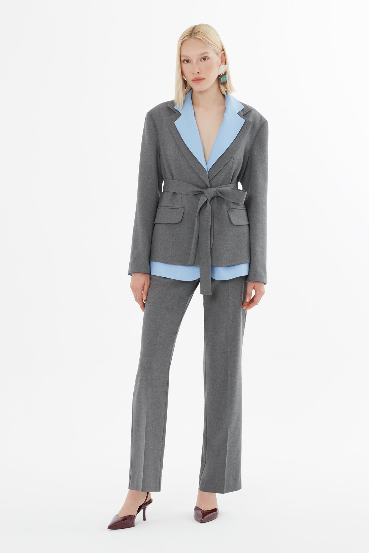 Grey Belted Jacket and Trousers Set