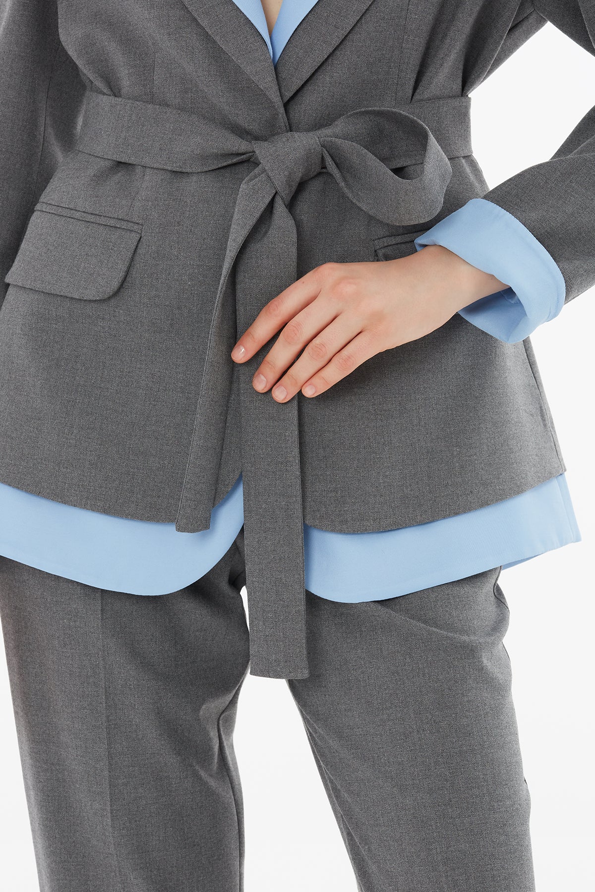 Grey Belted Jacket and Trousers Set