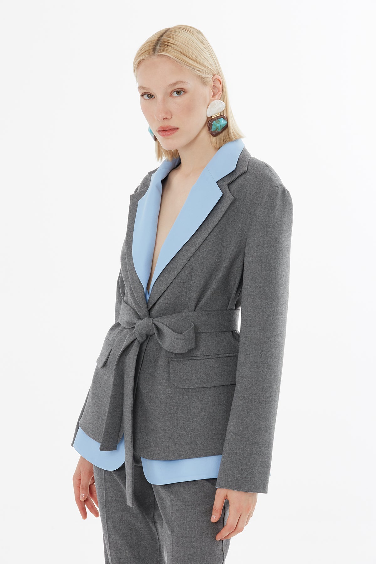 Grey Belted Jacket and Trousers Set