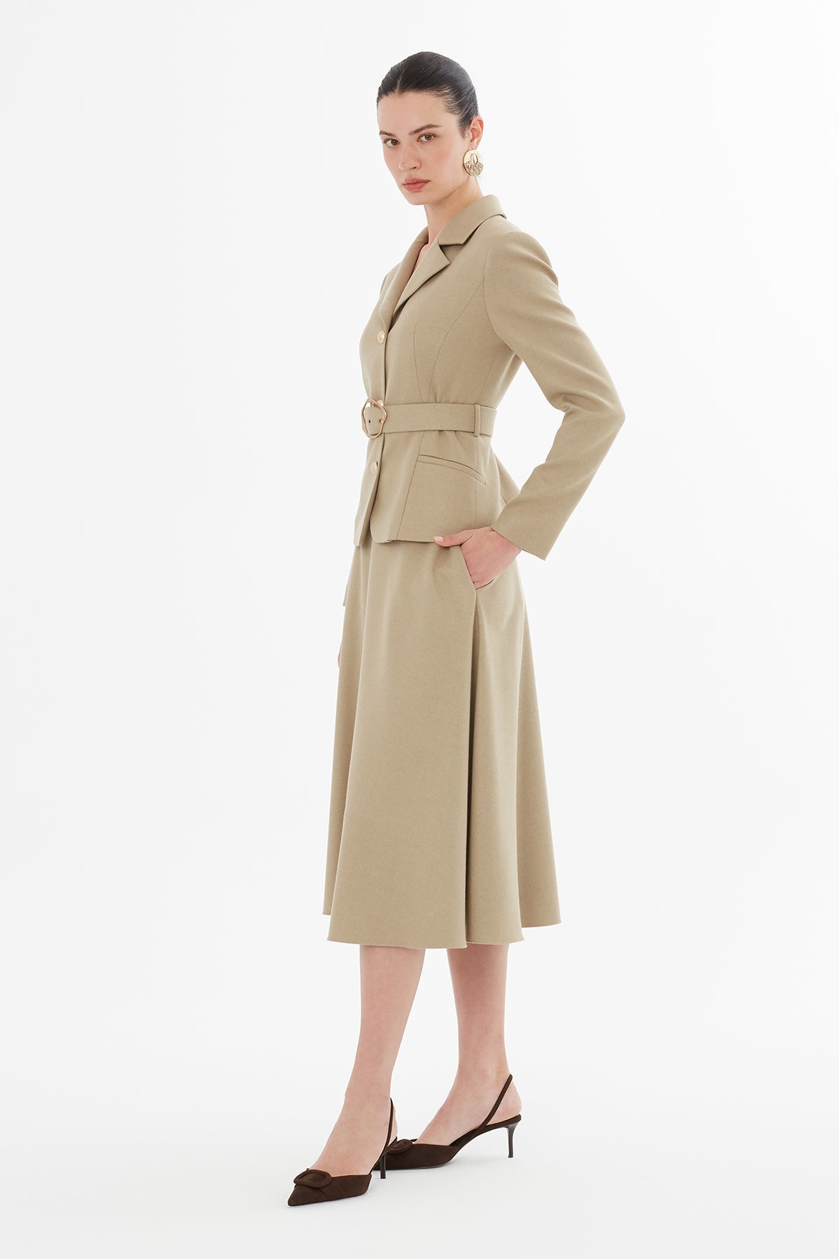 Beige Belted Jacket and Skirt Suit