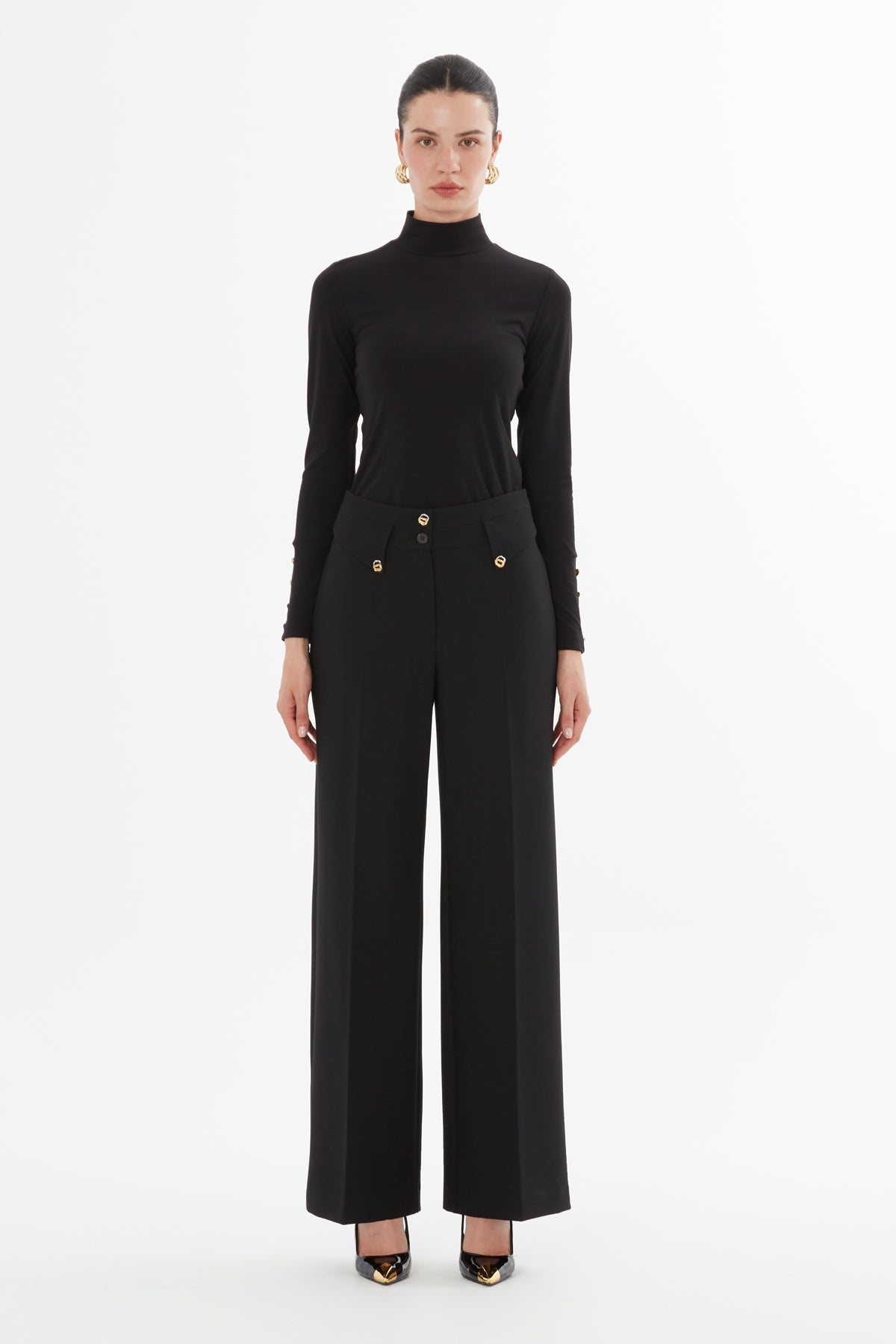 Black Palazzo Pants with Button Detail