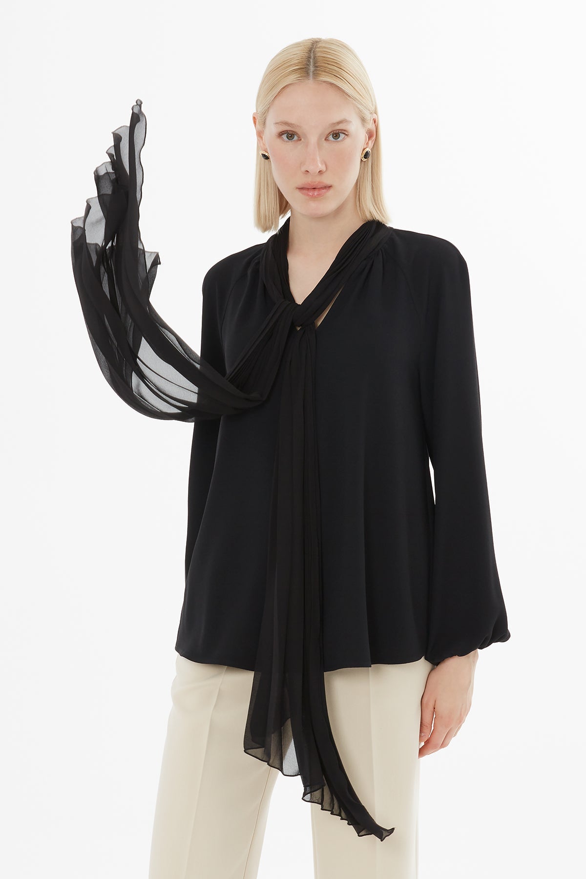 Black Blouse with Pleated Neckline Detail