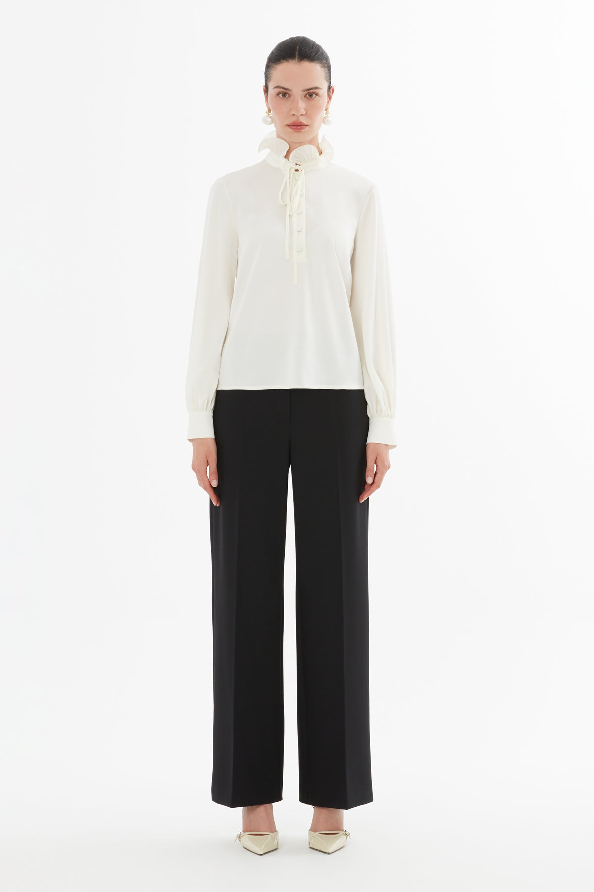 Ecru Blouse with Ruffle Collar Detail