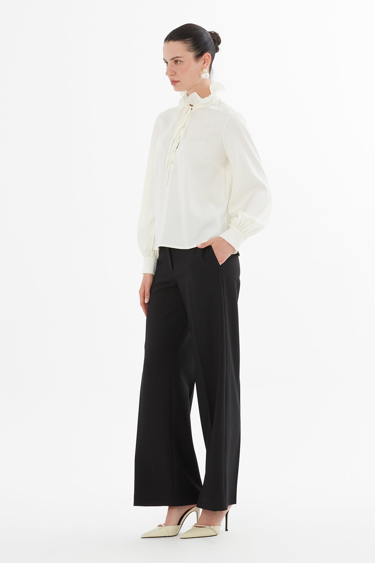 Ecru Blouse with Ruffle Collar Detail