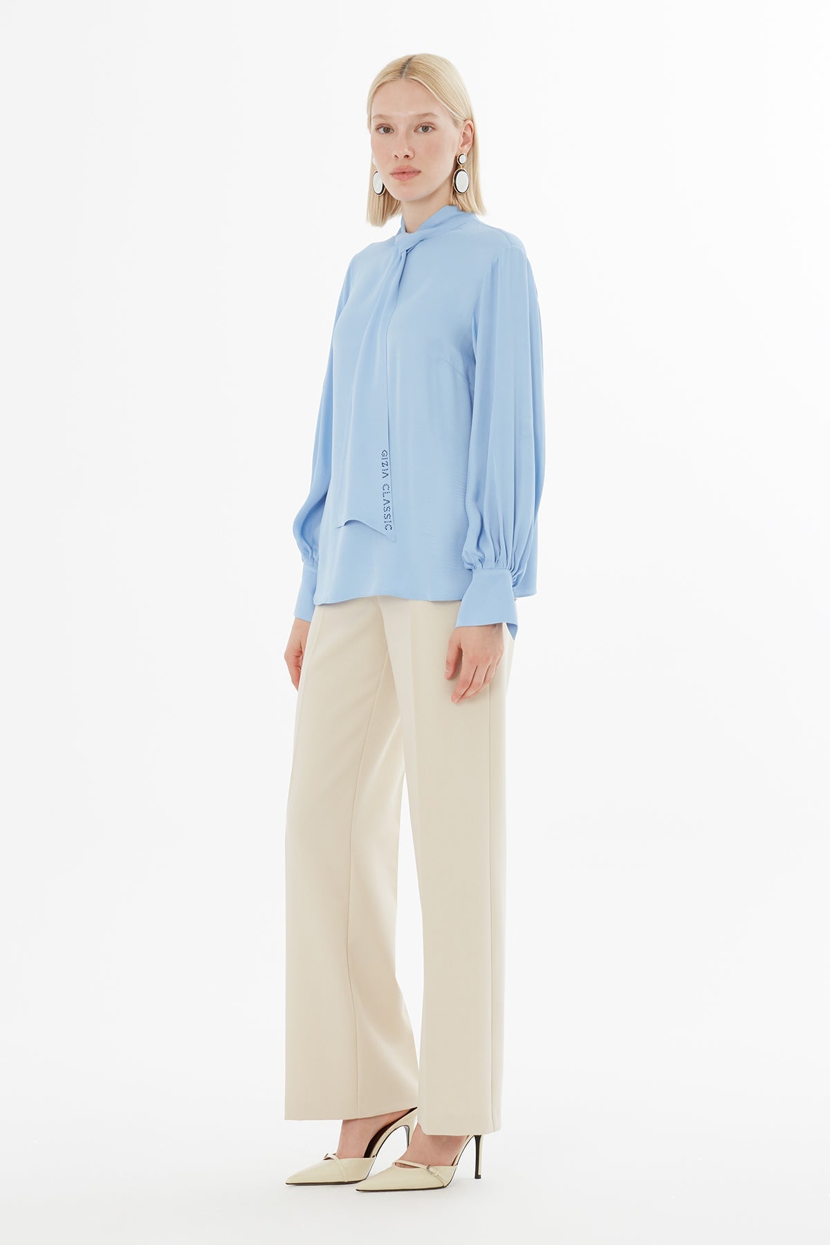 Blue Blouse with Gathered Sleeves