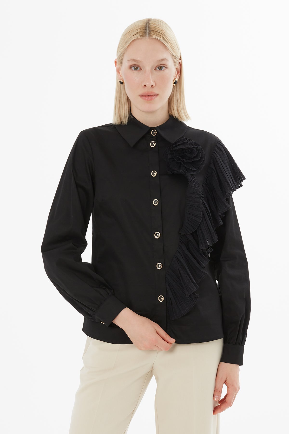 Black Shirt with Pleated Rose Detail