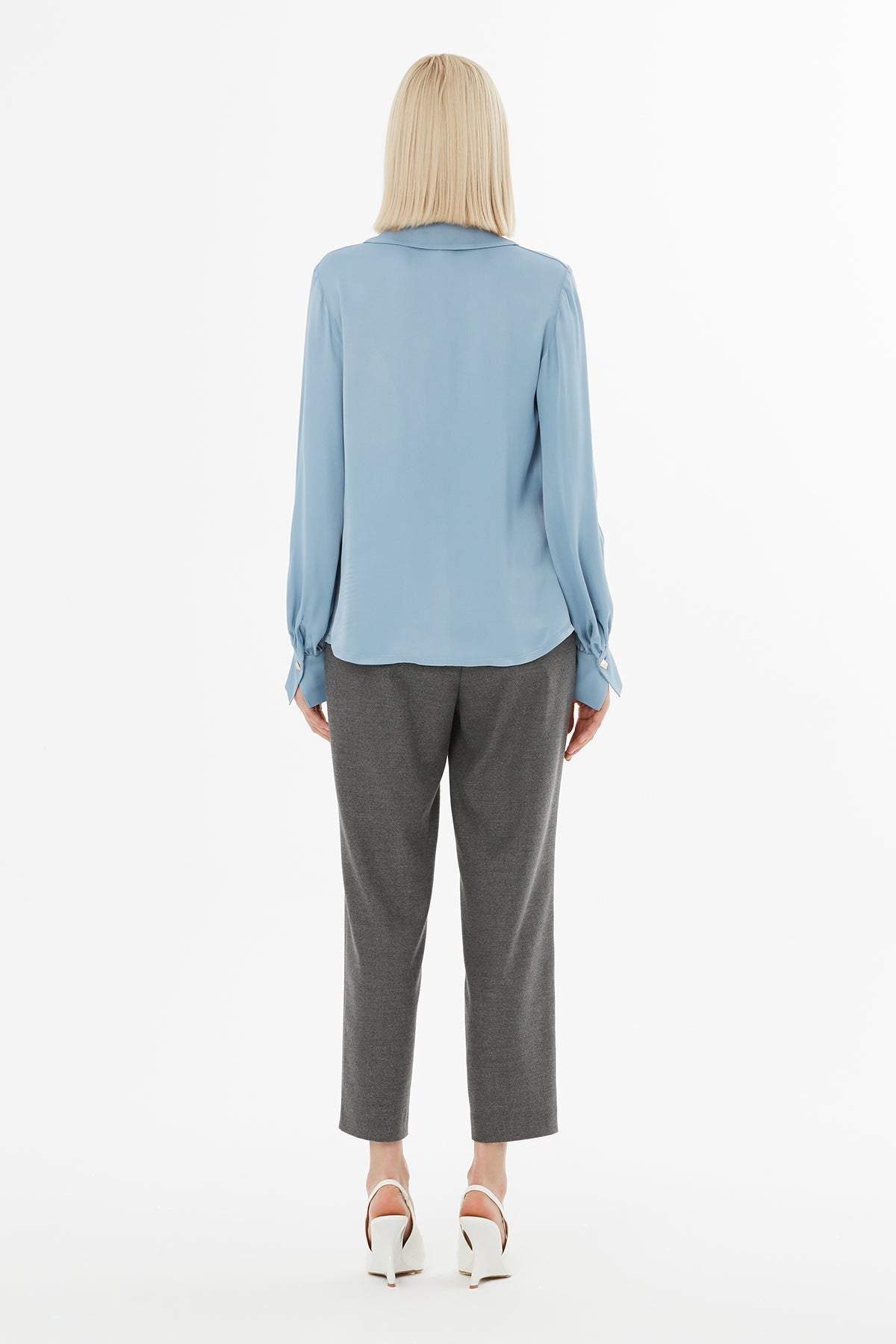 Blue V-Neck Shirt with Scarf Detail