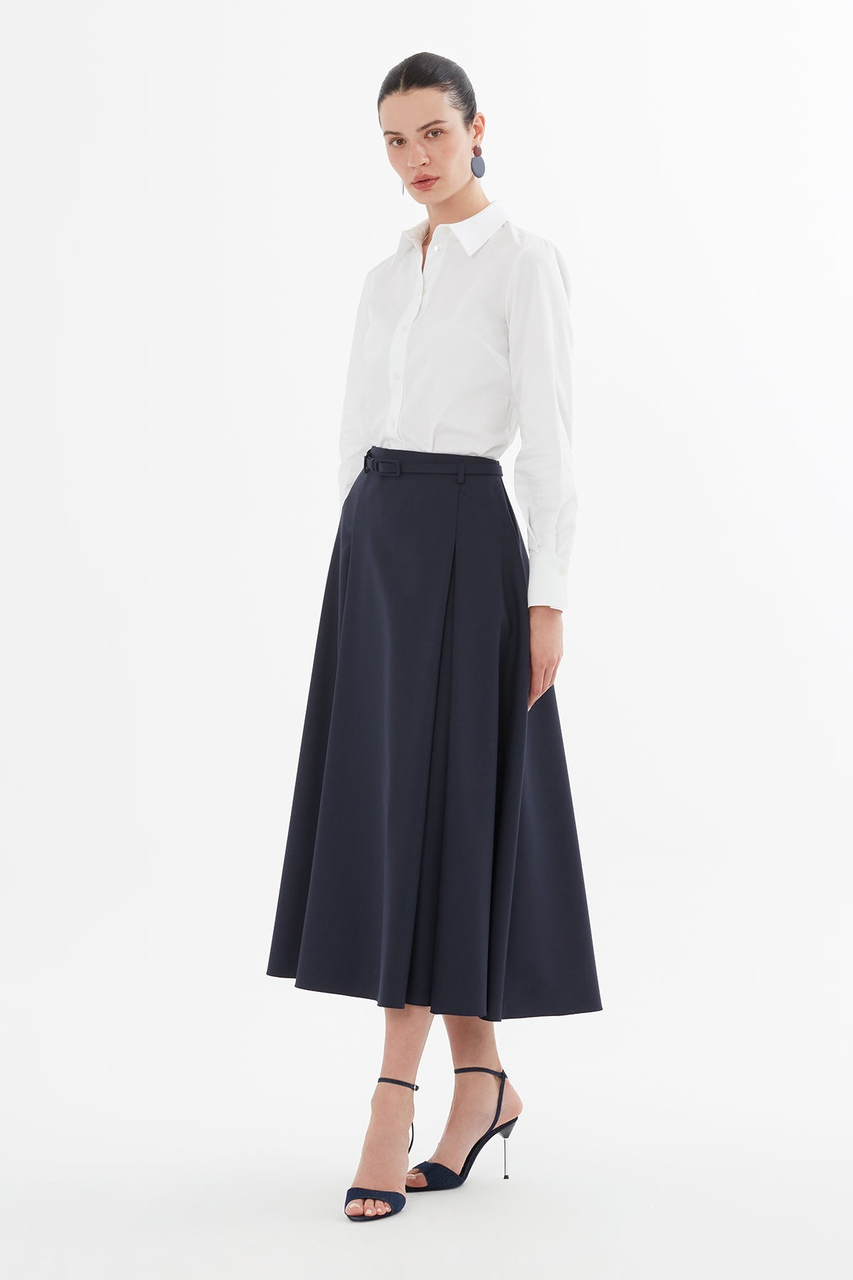 Black Belted Pleated Midi Skirt