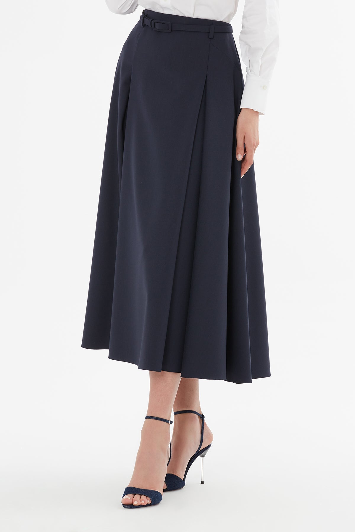 Black Belted Pleated Midi Skirt