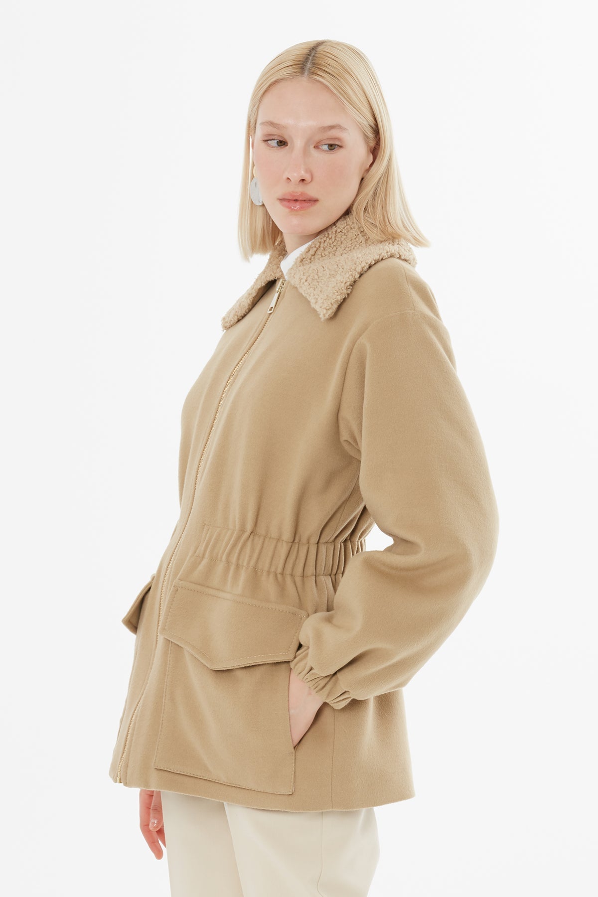 Brown Fur-Collar Elastic-Waist Long Coat