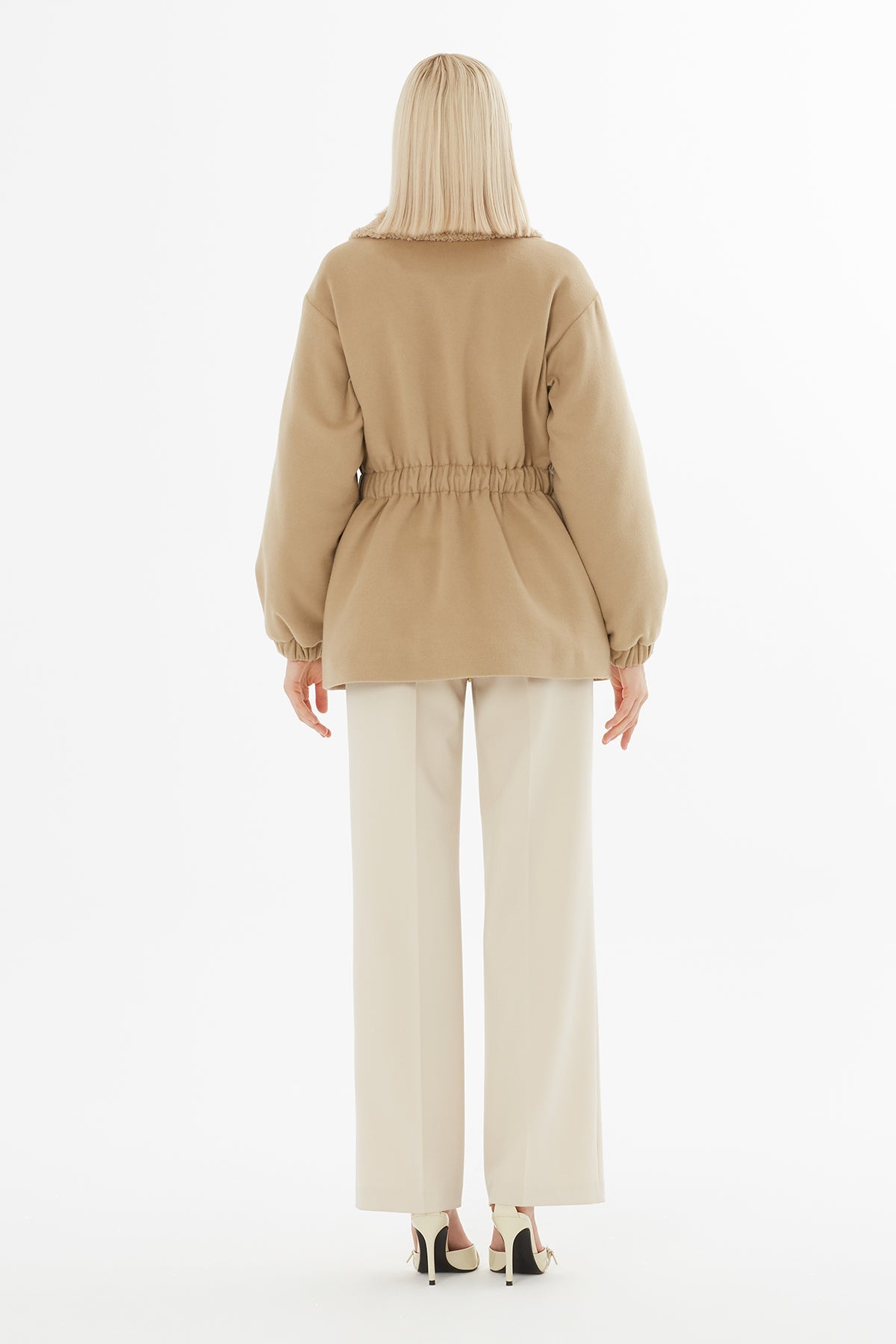 Brown Fur-Collar Elastic-Waist Long Coat