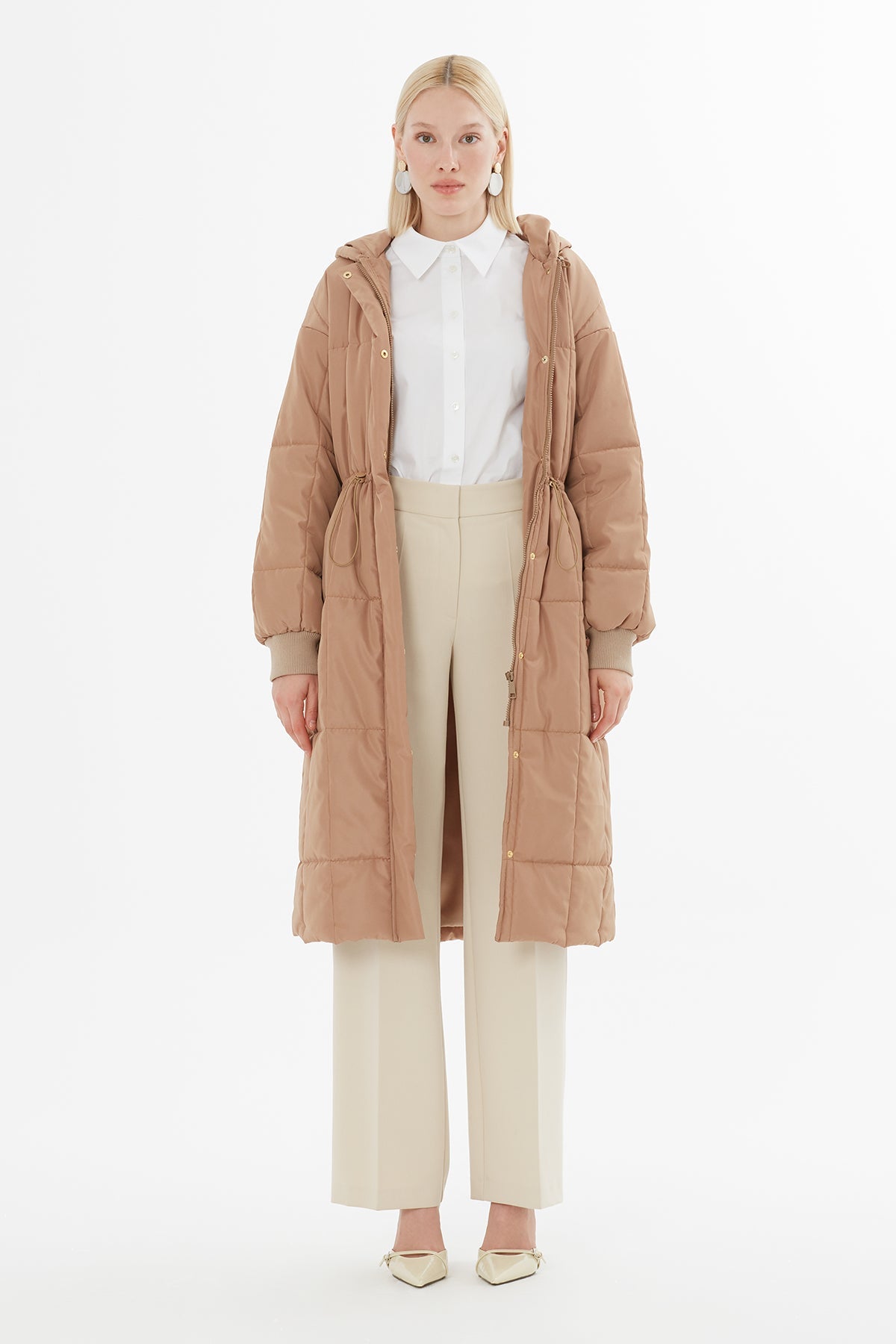 Beige Big Pocket Long Quilted Coat