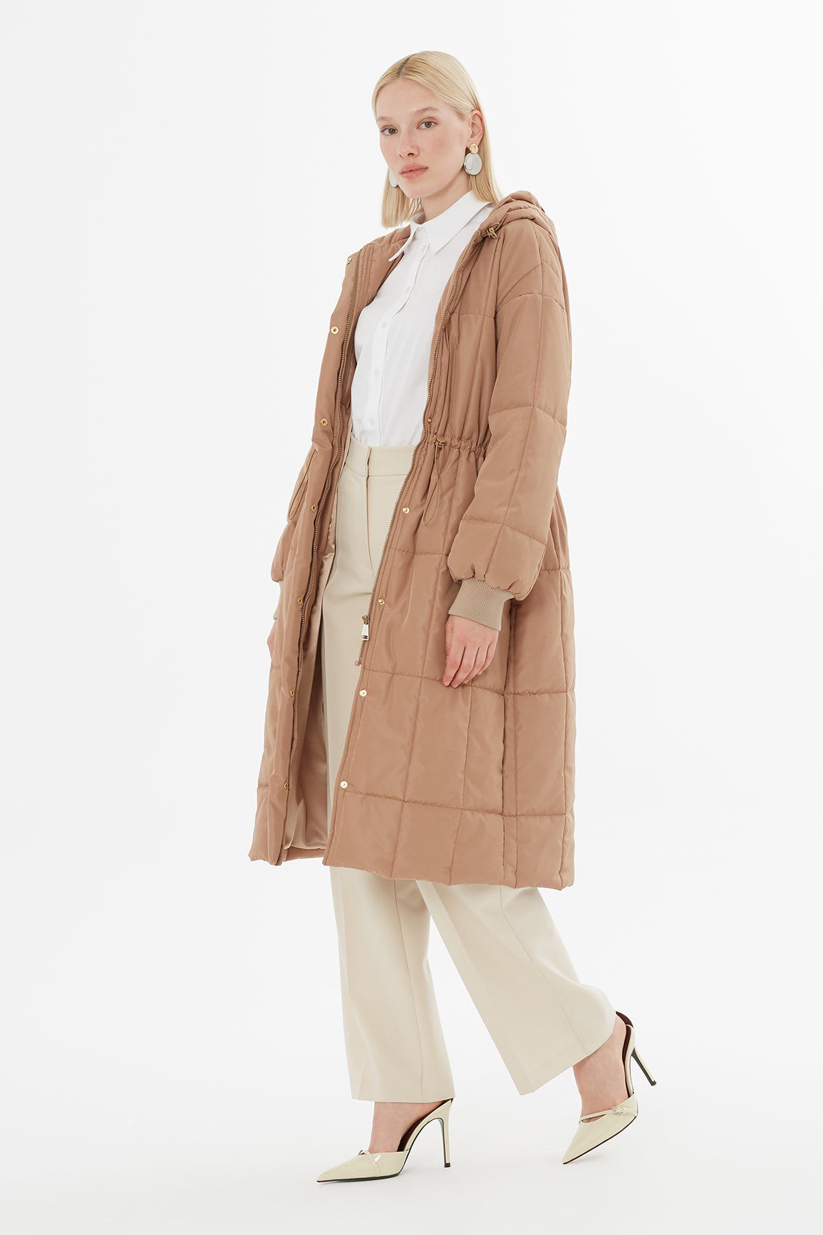 Beige Big Pocket Long Quilted Coat