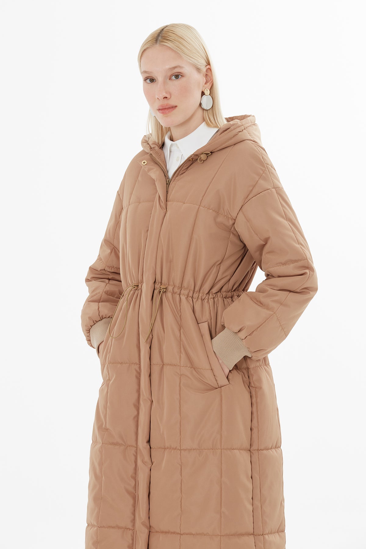 Beige Big Pocket Long Quilted Coat