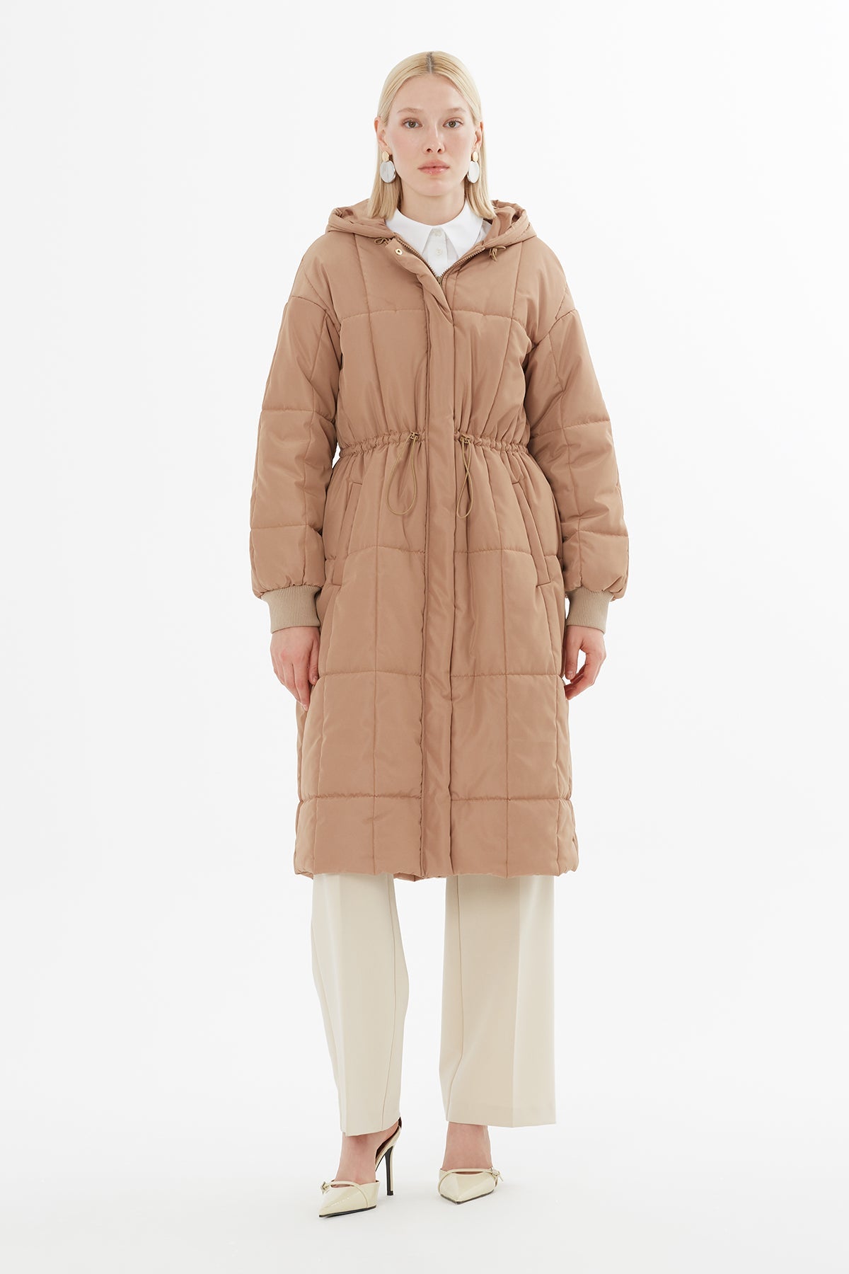 Beige Big Pocket Long Quilted Coat