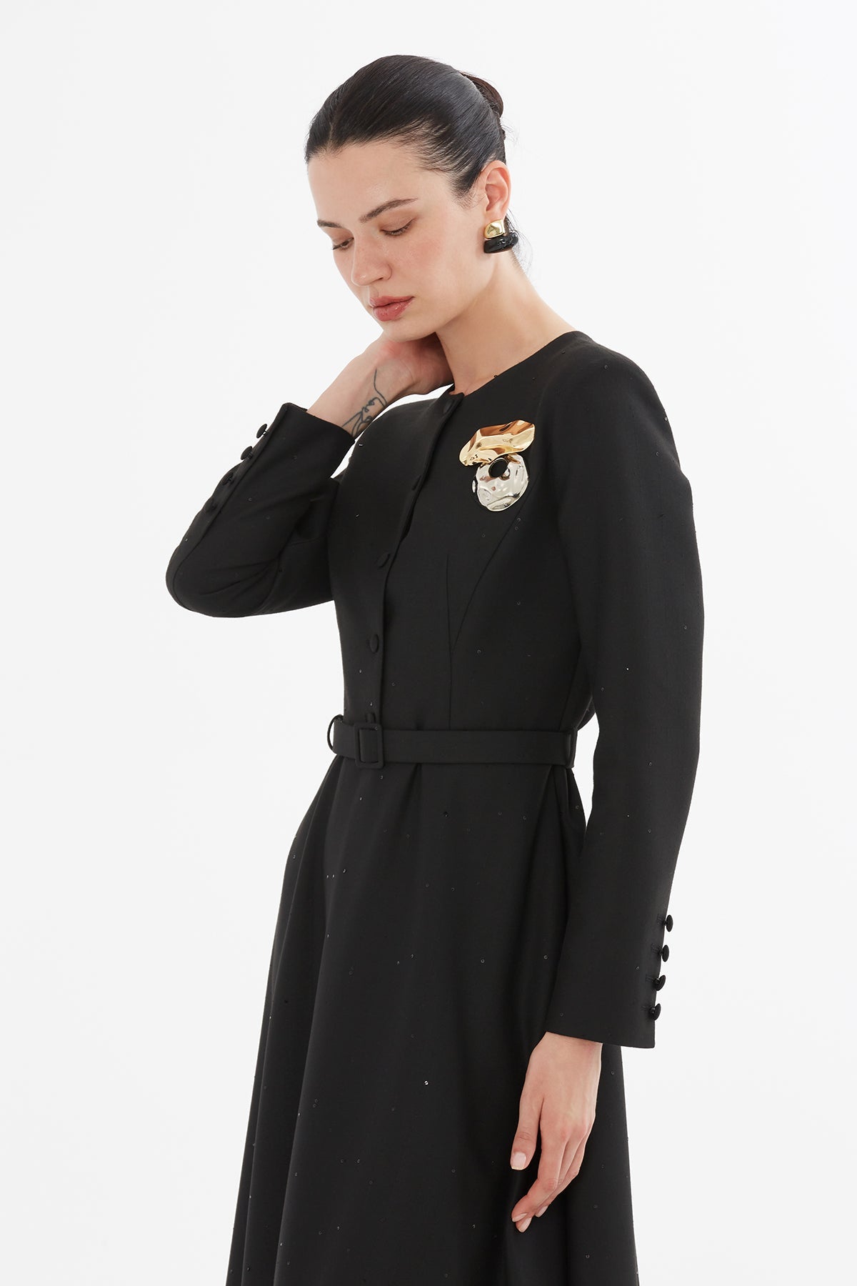 Black Midi Dress with Buttoned Detail