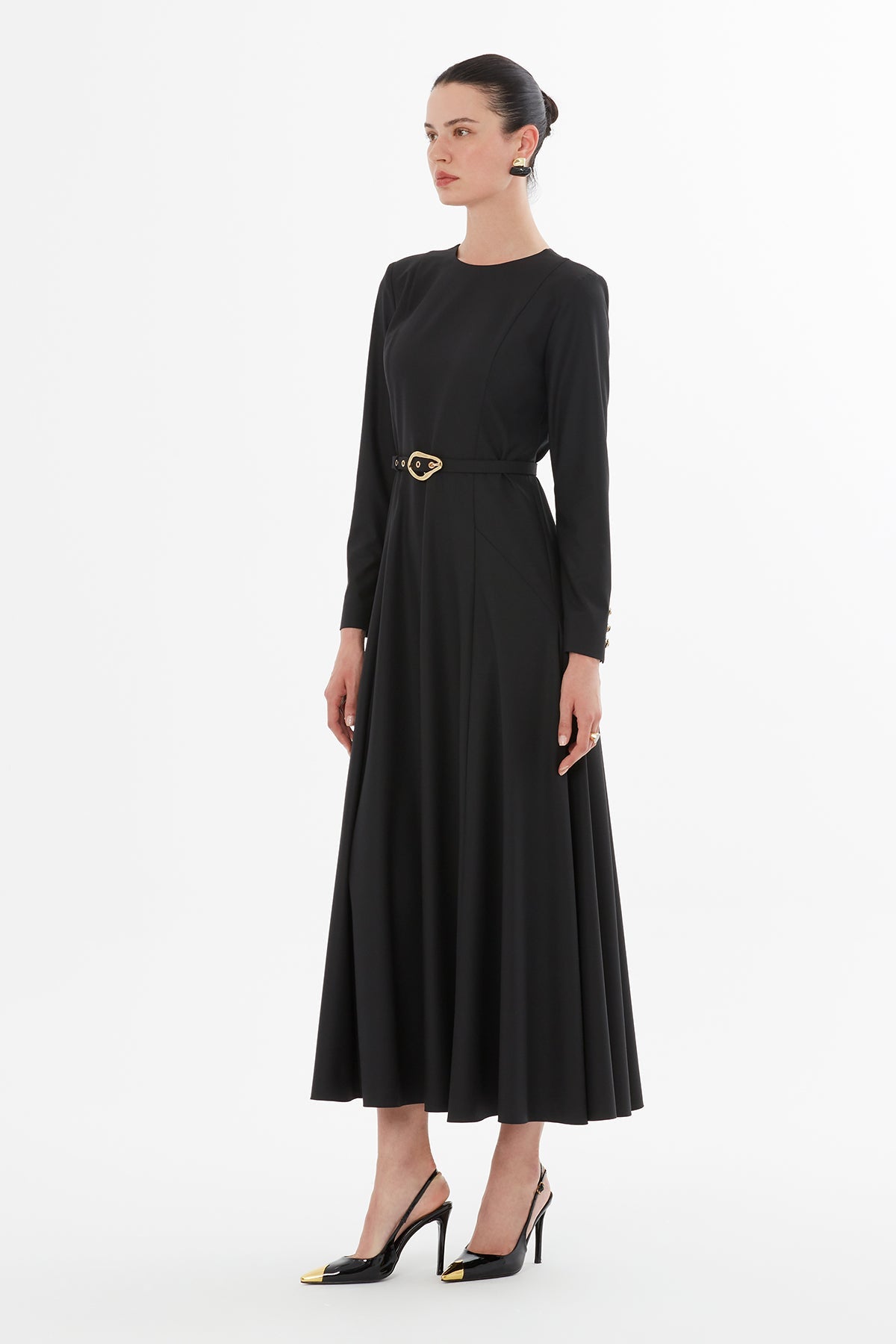 Black Belted Pleated Midi Dress