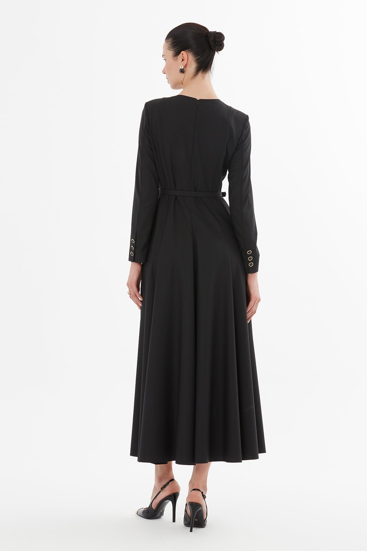 Black Belted Pleated Midi Dress