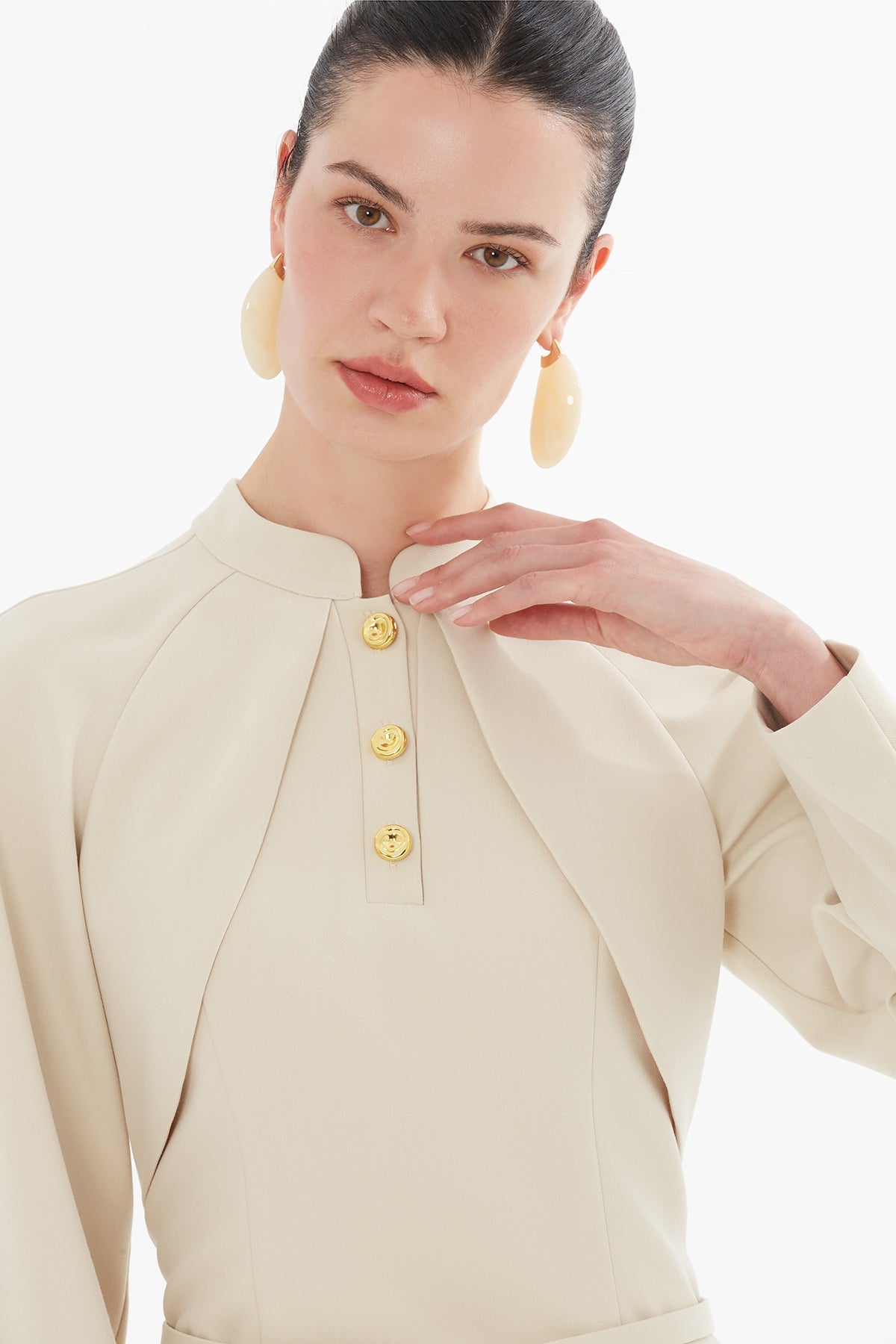 Beige Midi Dress with Buttoned Belt