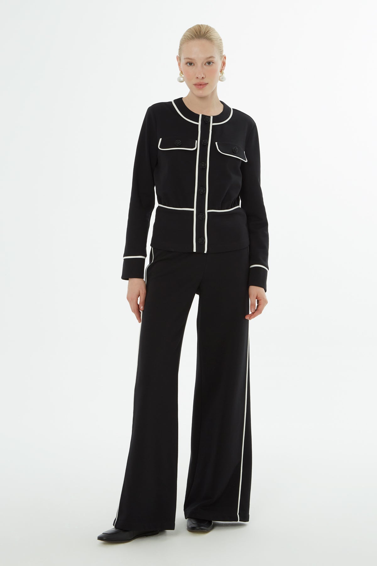 Black Button-Down Cardigan Detail Set