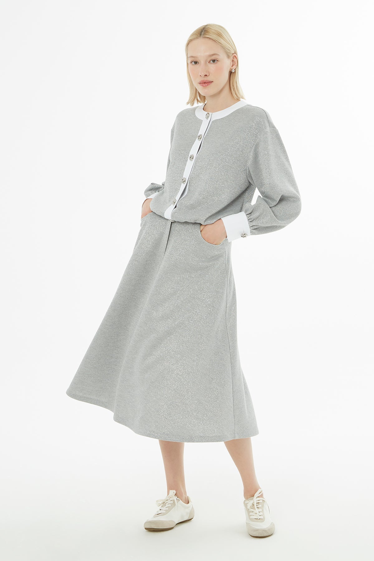 Grey Jacket and Midi Skirt Set
