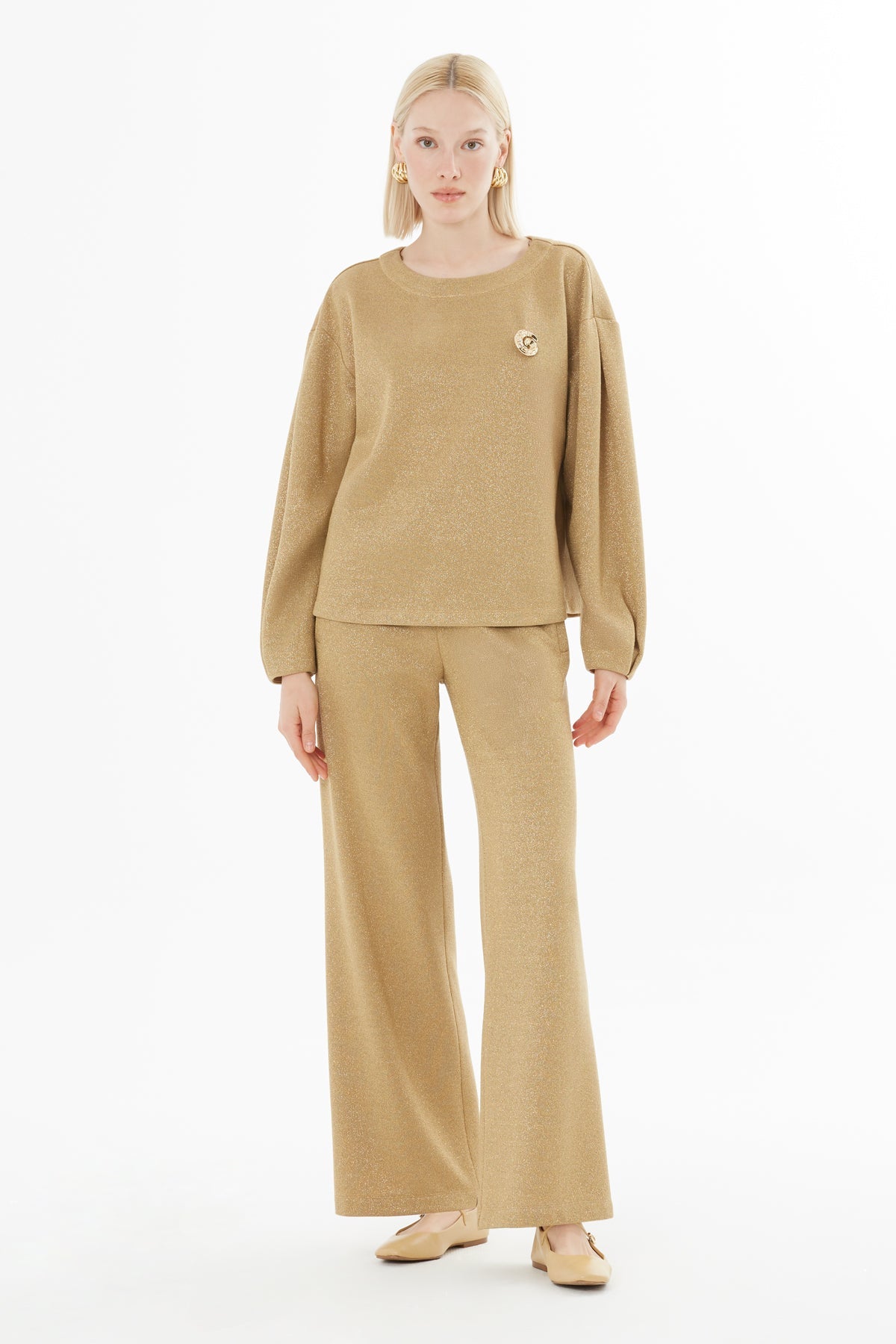 Beige Set with Brooch Detail