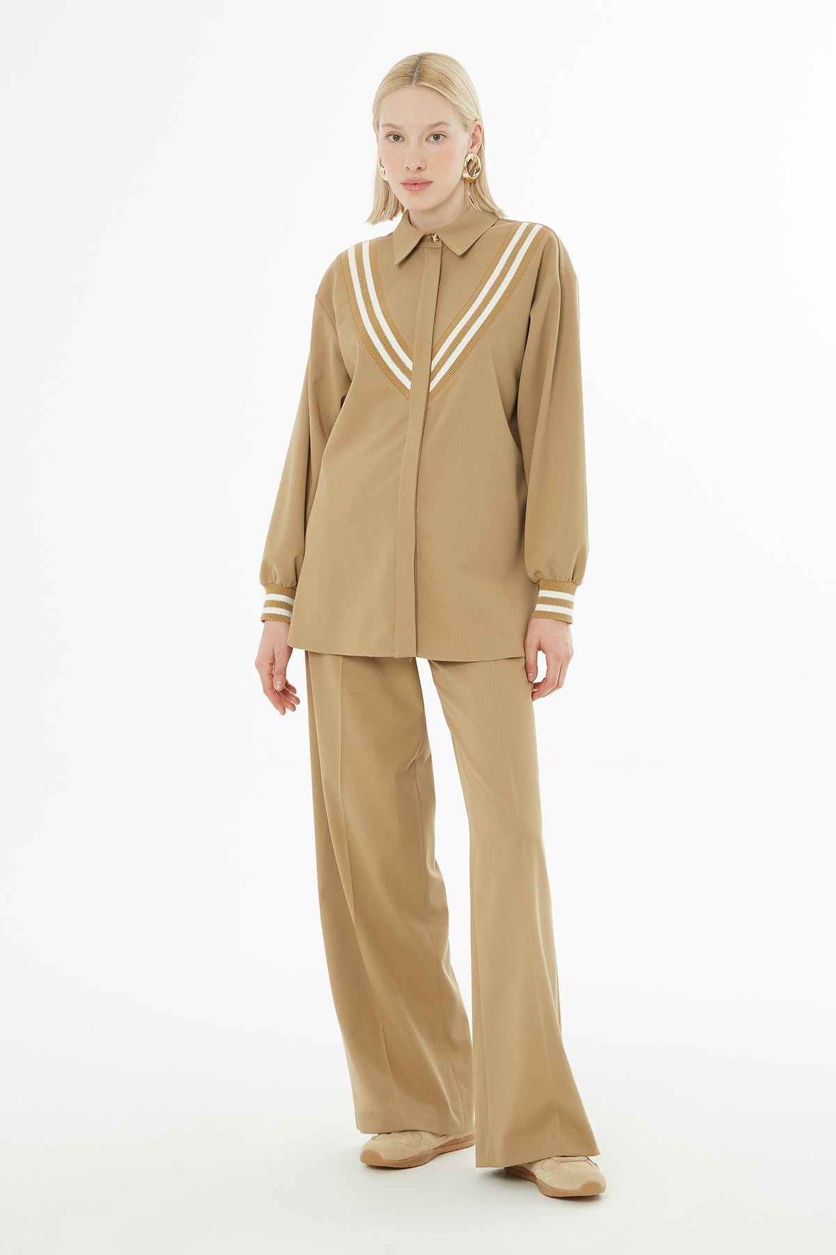 Camel Tracksuit Set with Knitted Detail