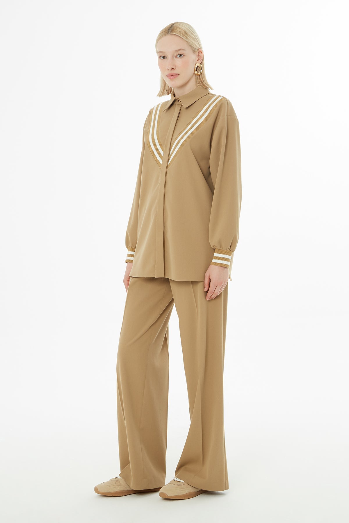 Camel Tracksuit Set with Knitted Detail