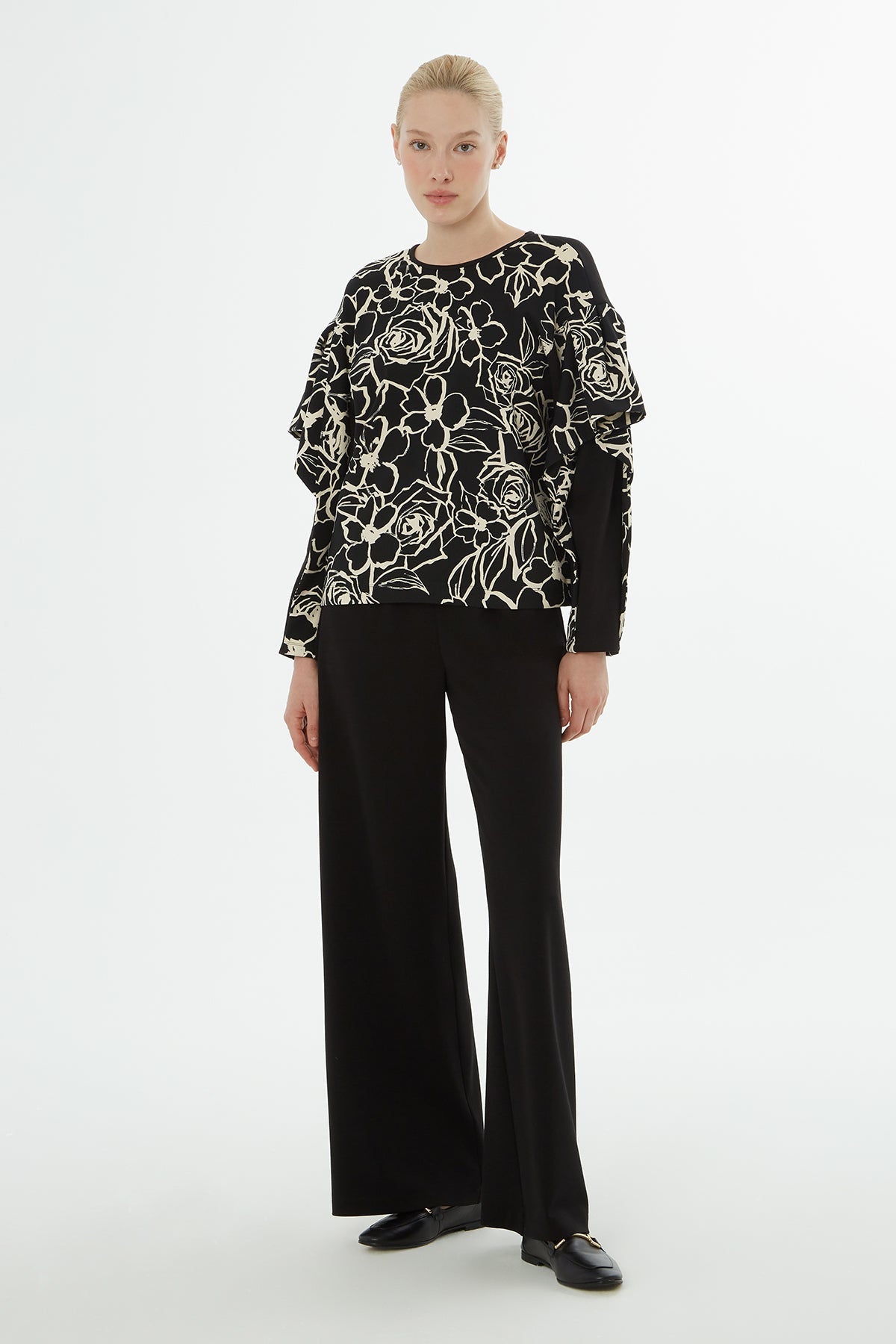 Black Patterned Blouse Detail Set