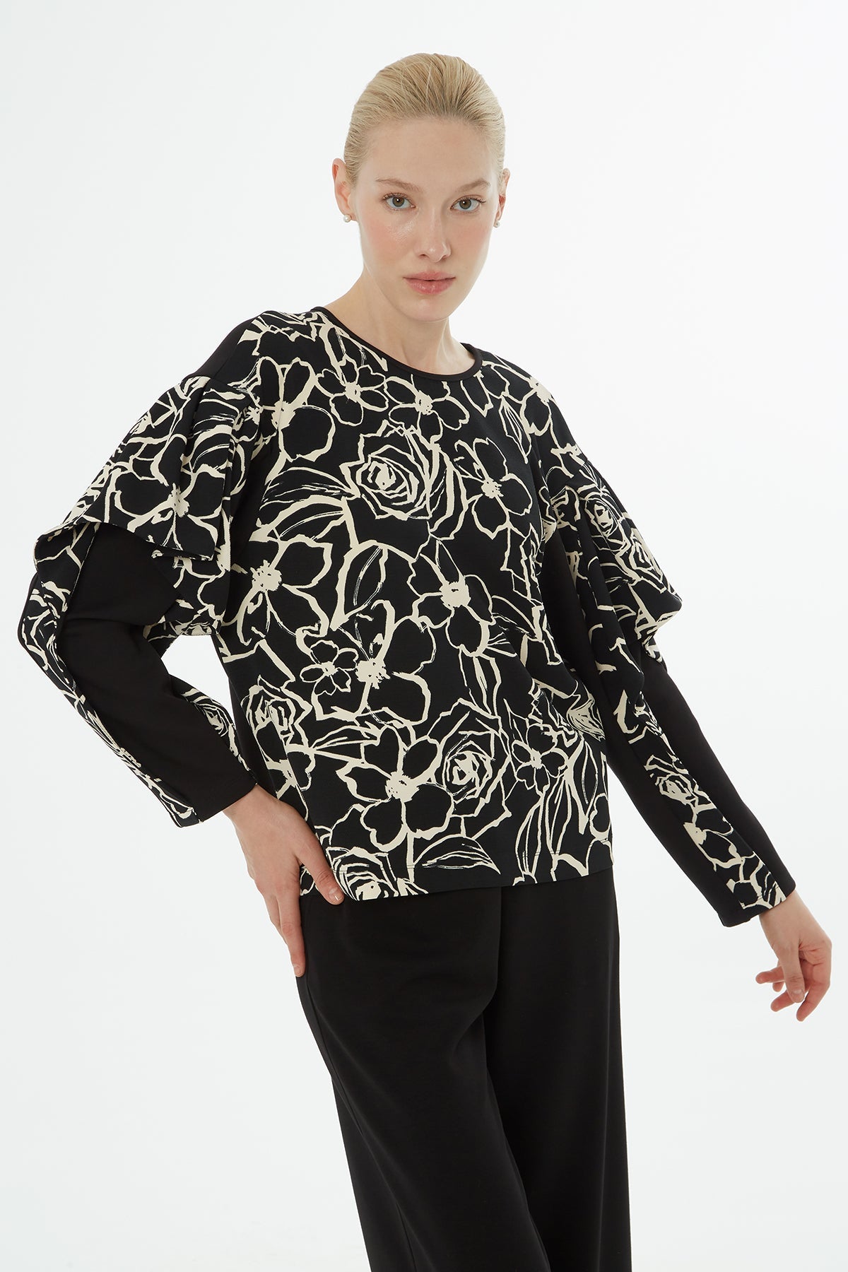 Black Patterned Blouse Detail Set