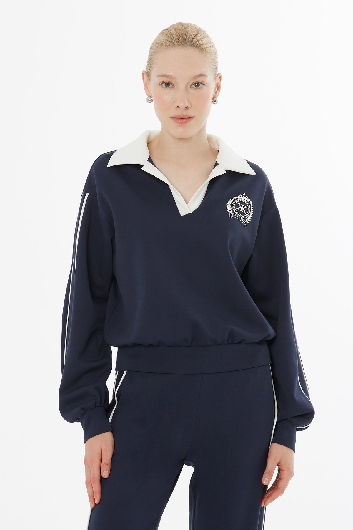 Navy Elastic-Waist Sweat Tracksuit Set