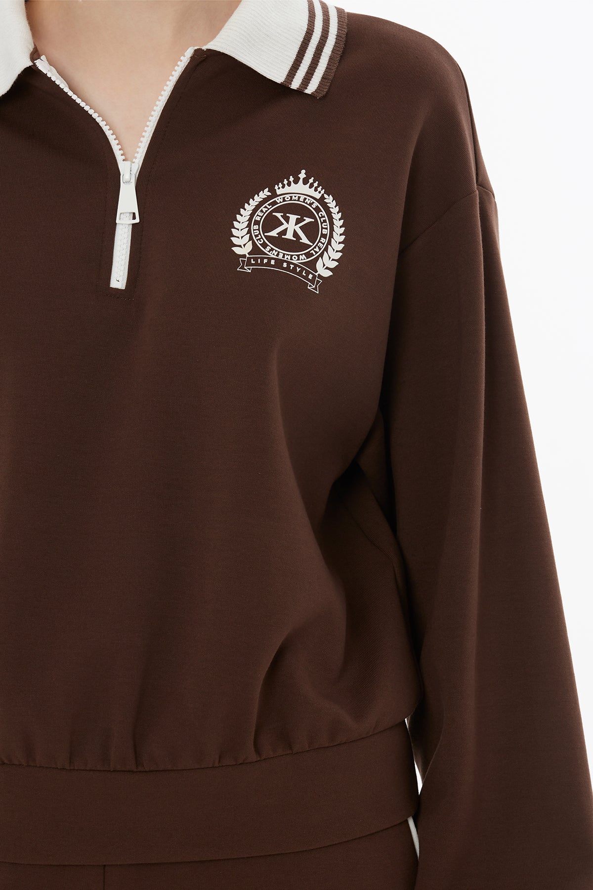 Brown Knitted-Collar Tracksuit Set