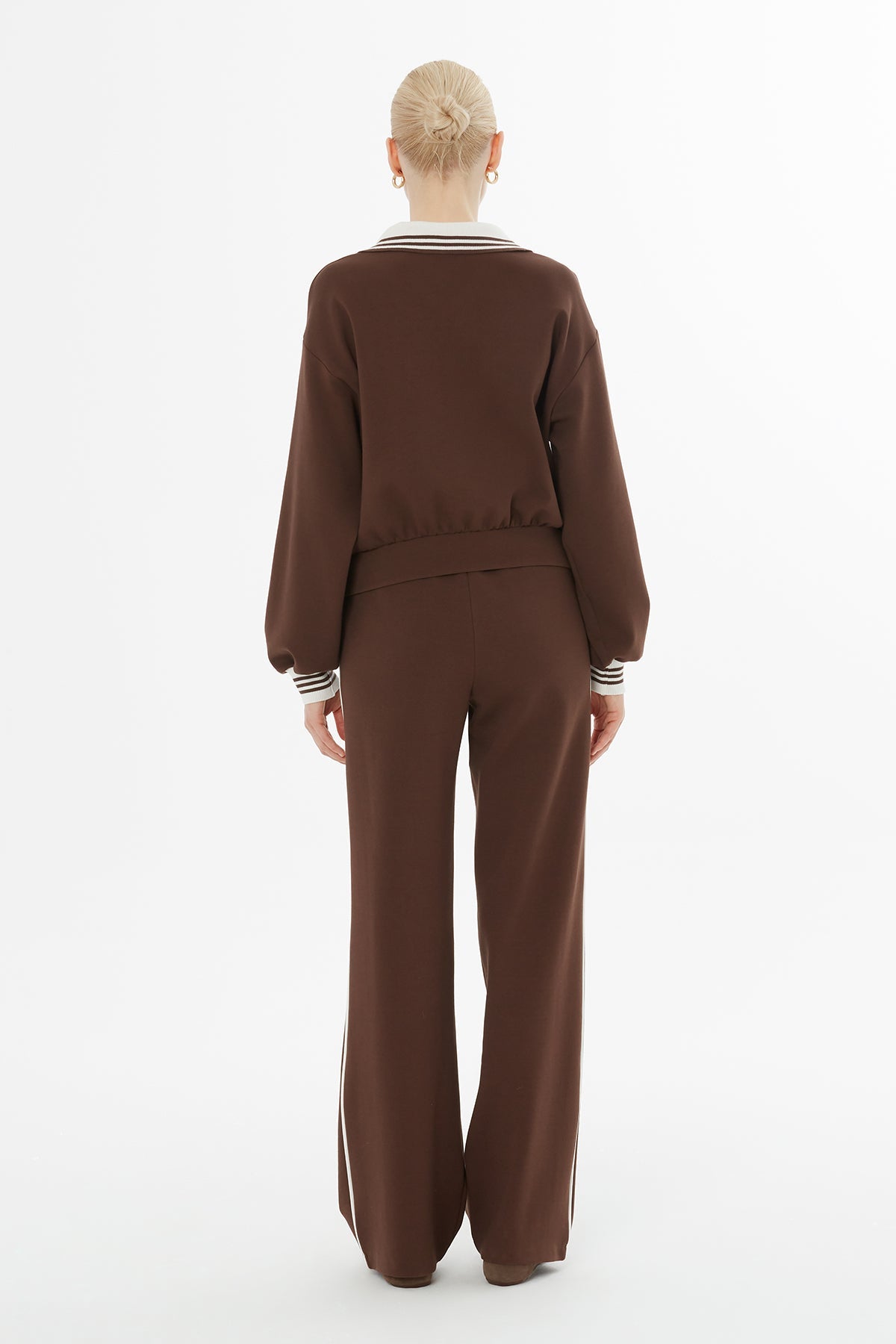 Brown Knitted-Collar Tracksuit Set