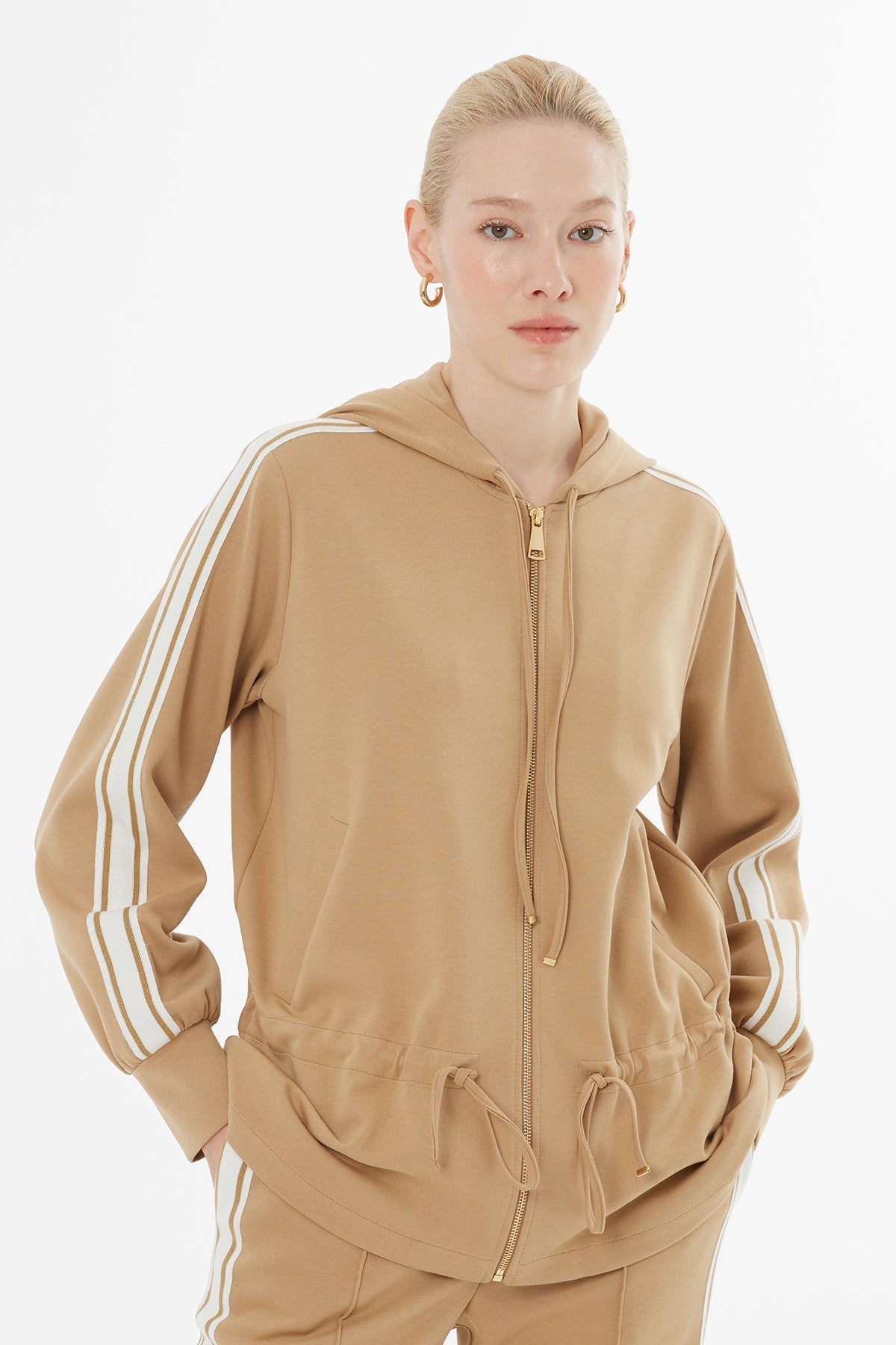 Beige Hooded Tracksuit Set