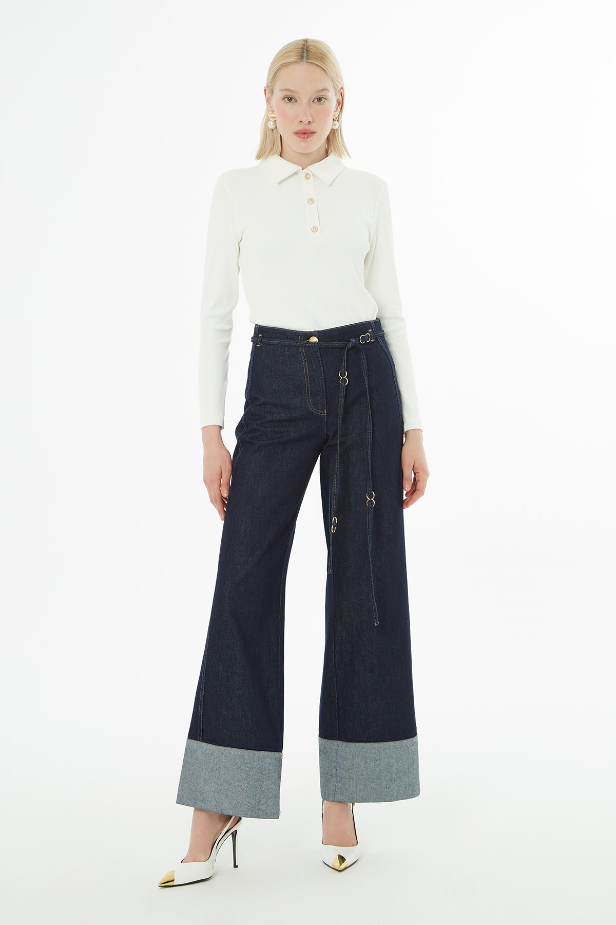 Jeans with Double-Hemmed Belted Detail