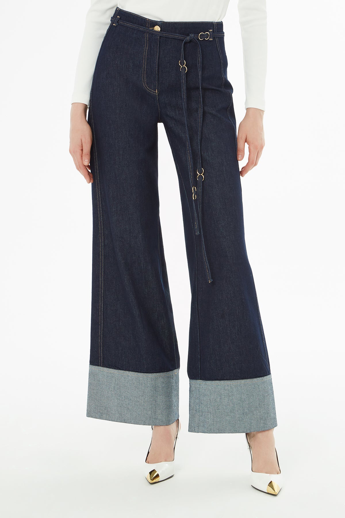 Jeans with Double-Hemmed Belted Detail