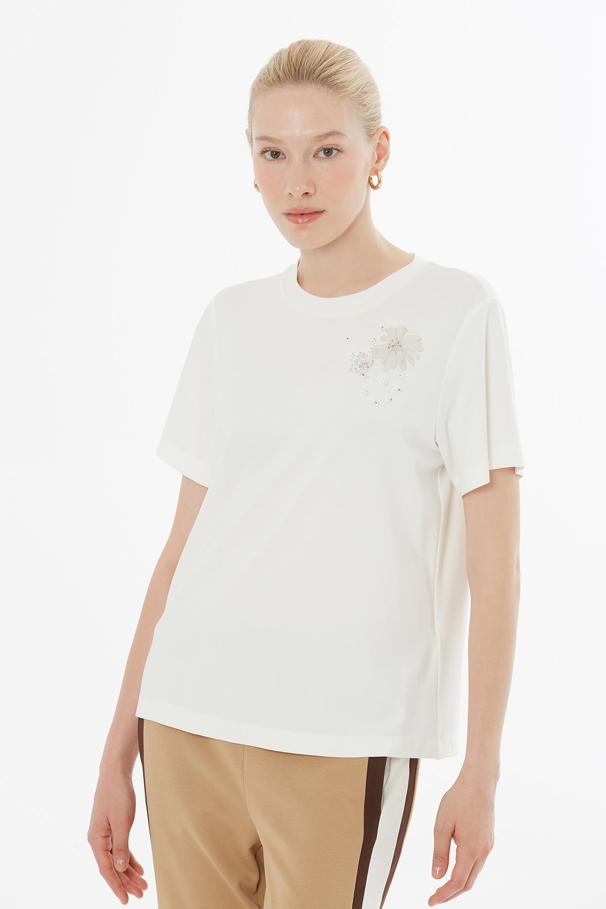 Ecru Blouse with Brooch Details