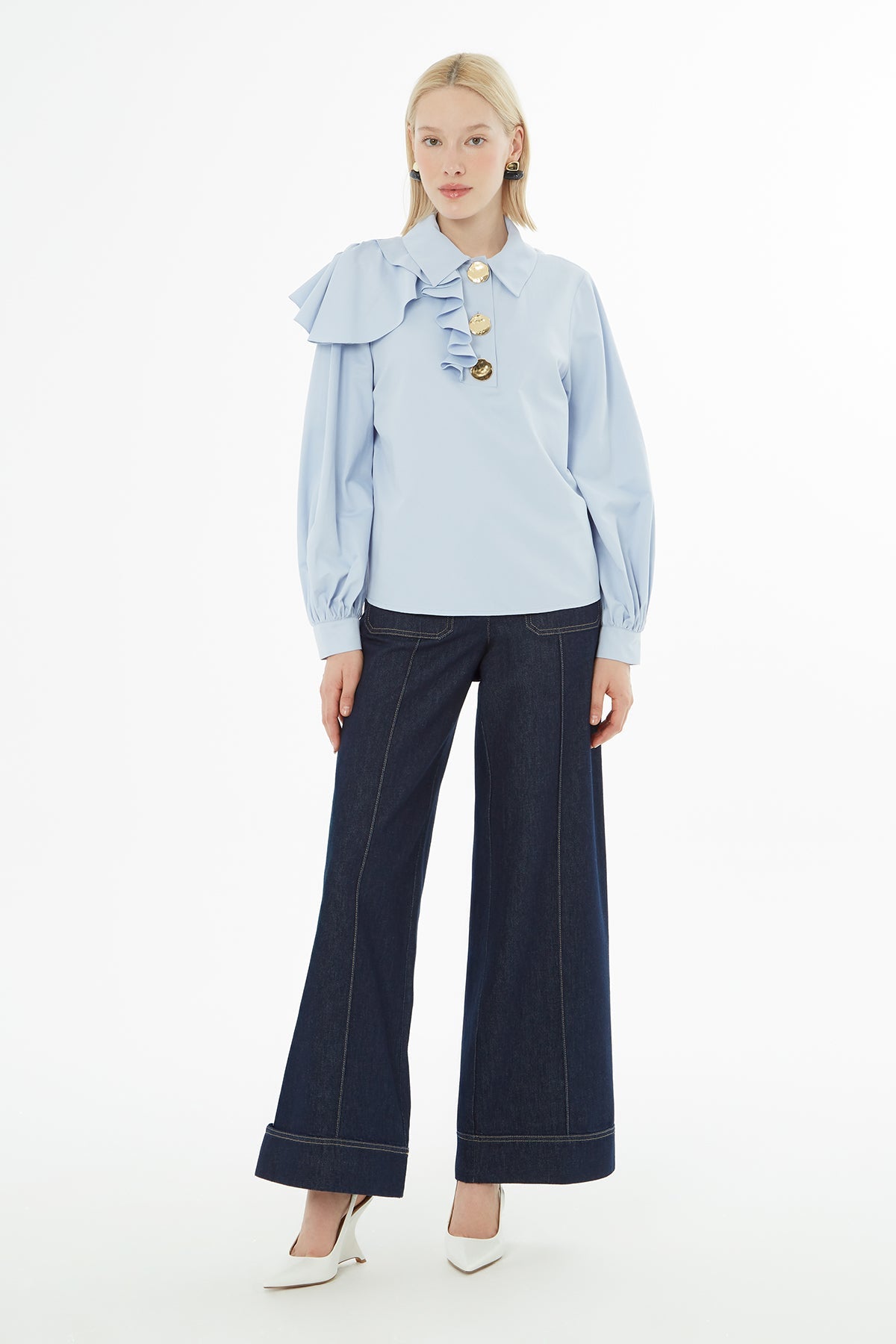 Blue Ruffled-Shoulder Shirt