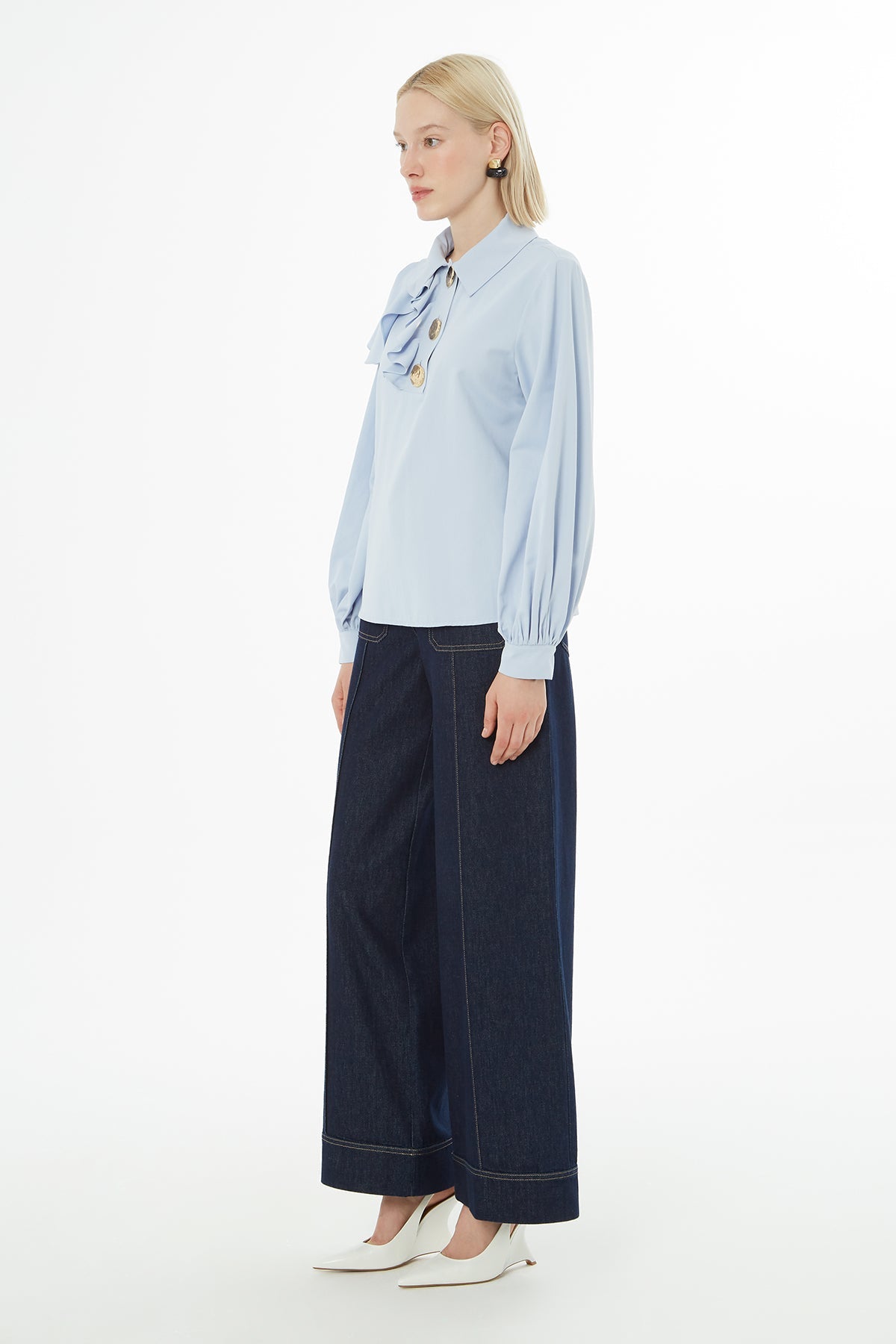 Blue Ruffled-Shoulder Shirt