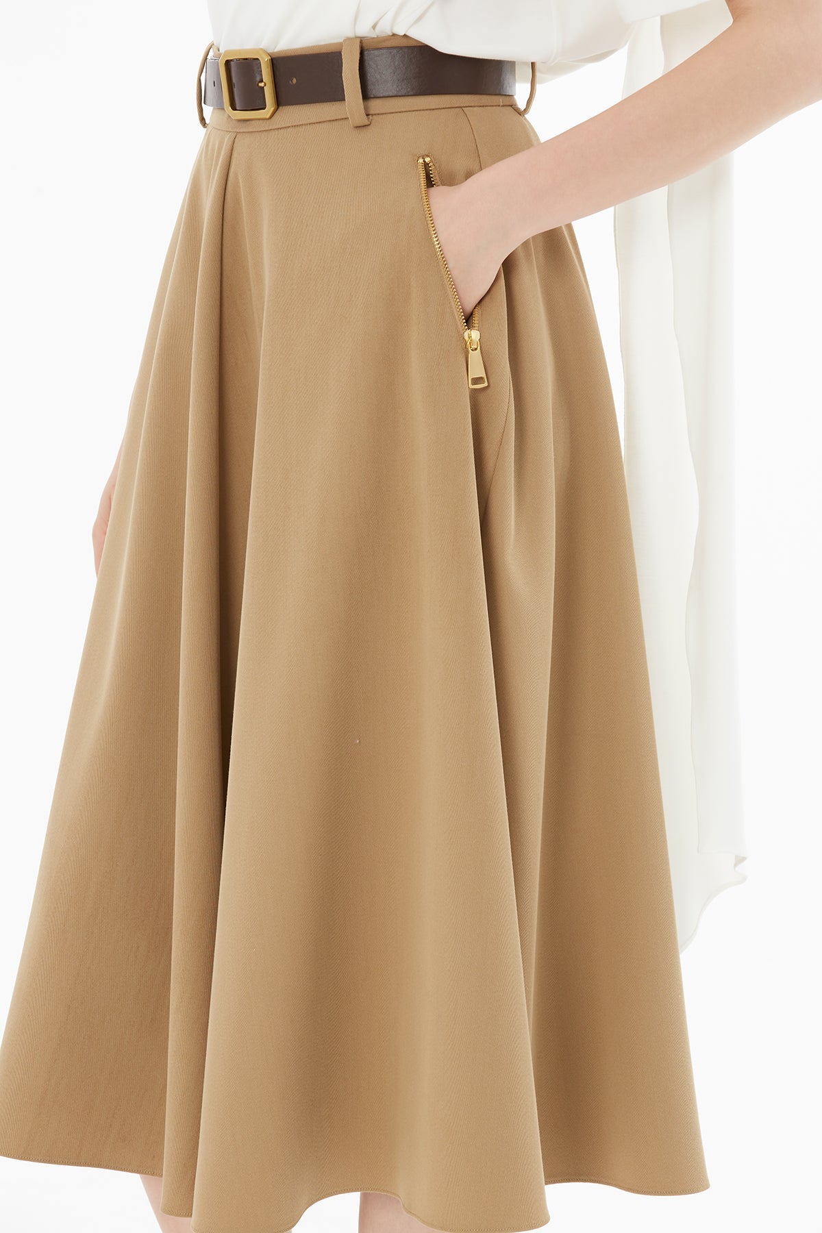 Camel Pleated Midi Skirt with Belt
