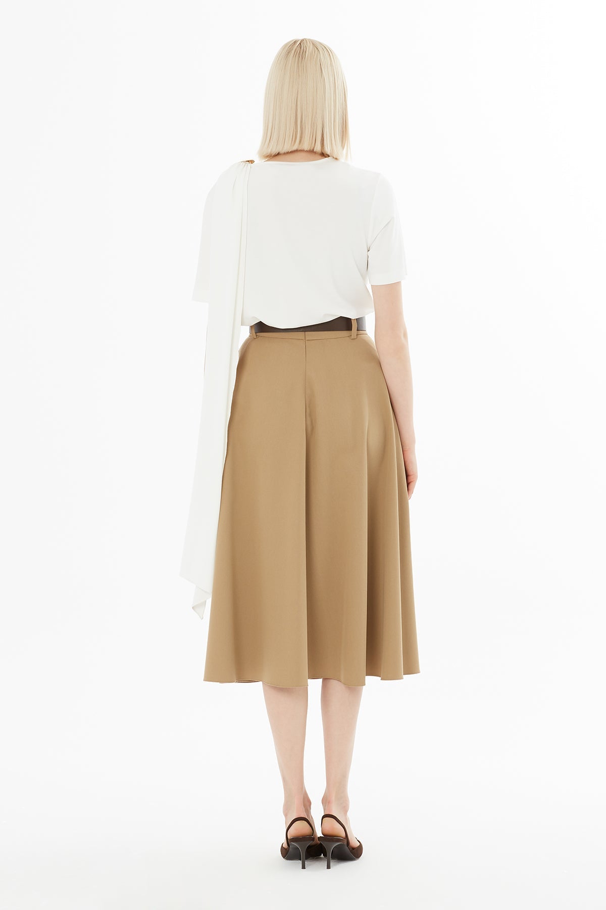 Camel Pleated Midi Skirt with Belt